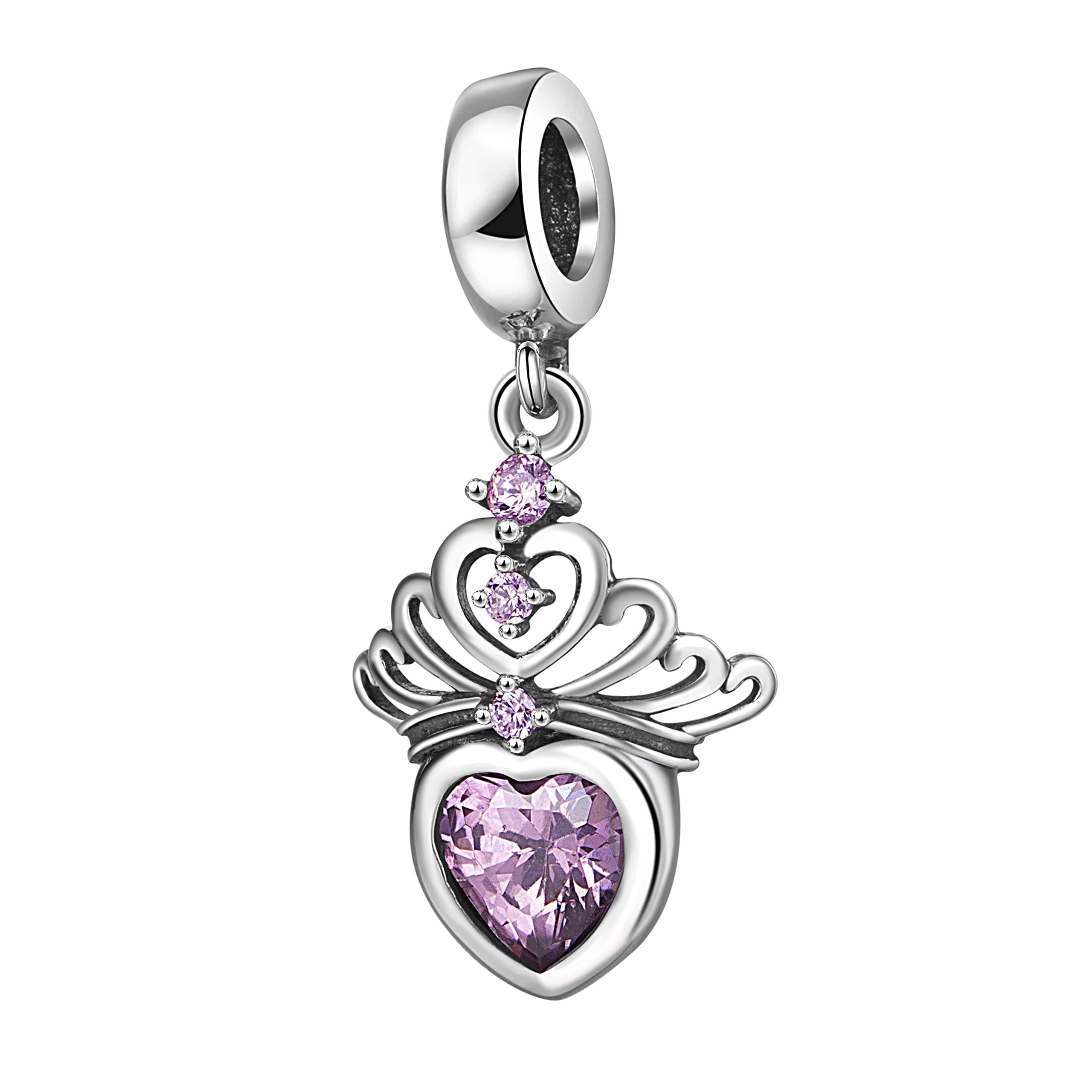 SOUKISSHearts Tiara Dangle Charm Pendant with Cz 925 Sterling Silver Princess Crown Beads for Charms Bracelet (pink)