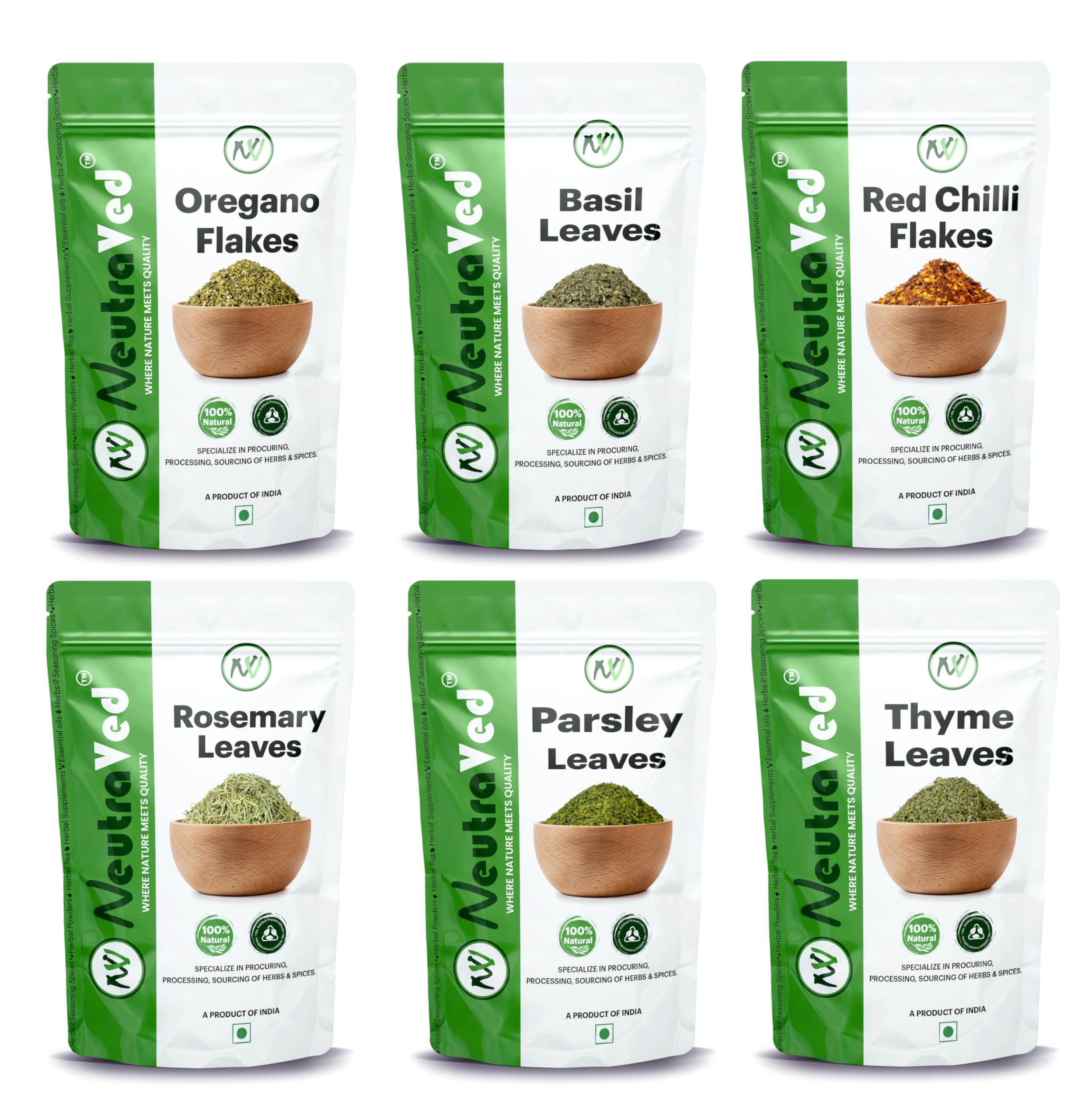 NeutraVed Oregano 50g, Chilli 50g, Basil 35g, Thyme 40g, Parsley 30g & Rosemary