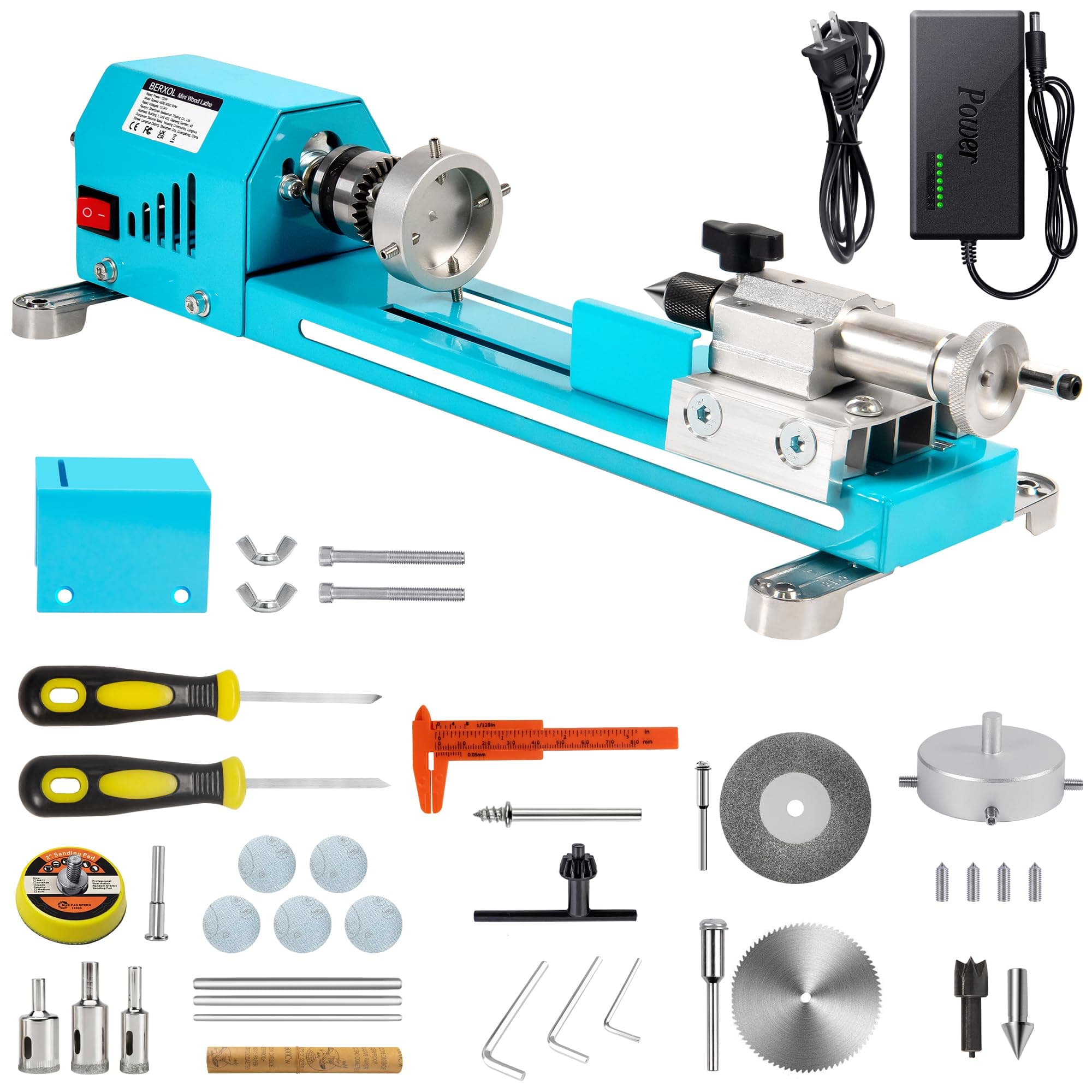Mini Wood Lathe Machine, 12V- 24VDC,7 Variabla Speeds 4000-9000 RPM, with Wood Lathe Milling Accessories, for Wood Polishing, Grinding, Cutting and Milling DIY … (A)