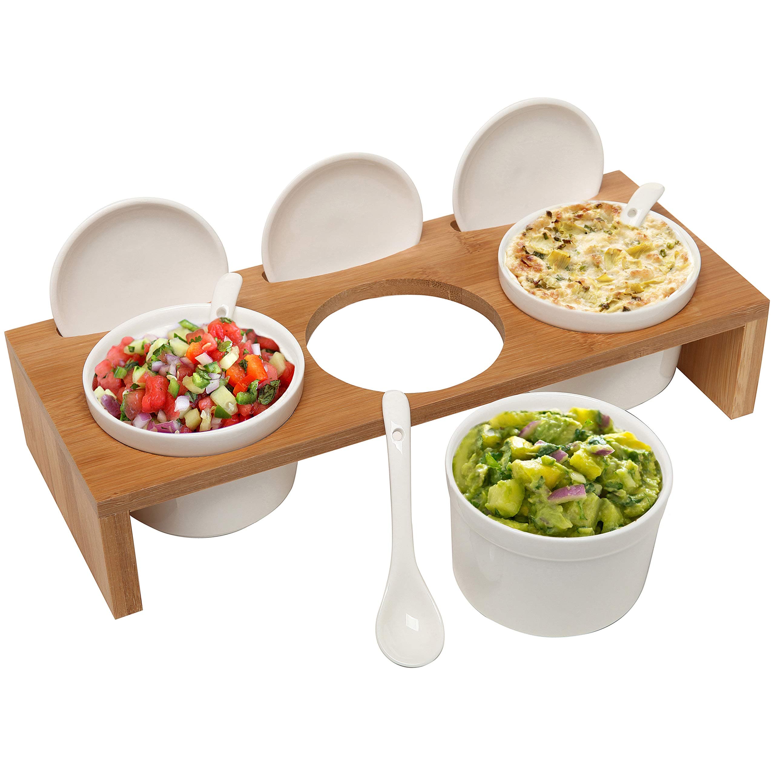 MyGift (3 Pcs) 3.5-Inch Ceramic Condiment Dip Sauce Ramekins Set w/Lids & Spoons on Bamboo Sampler Serving Tray
