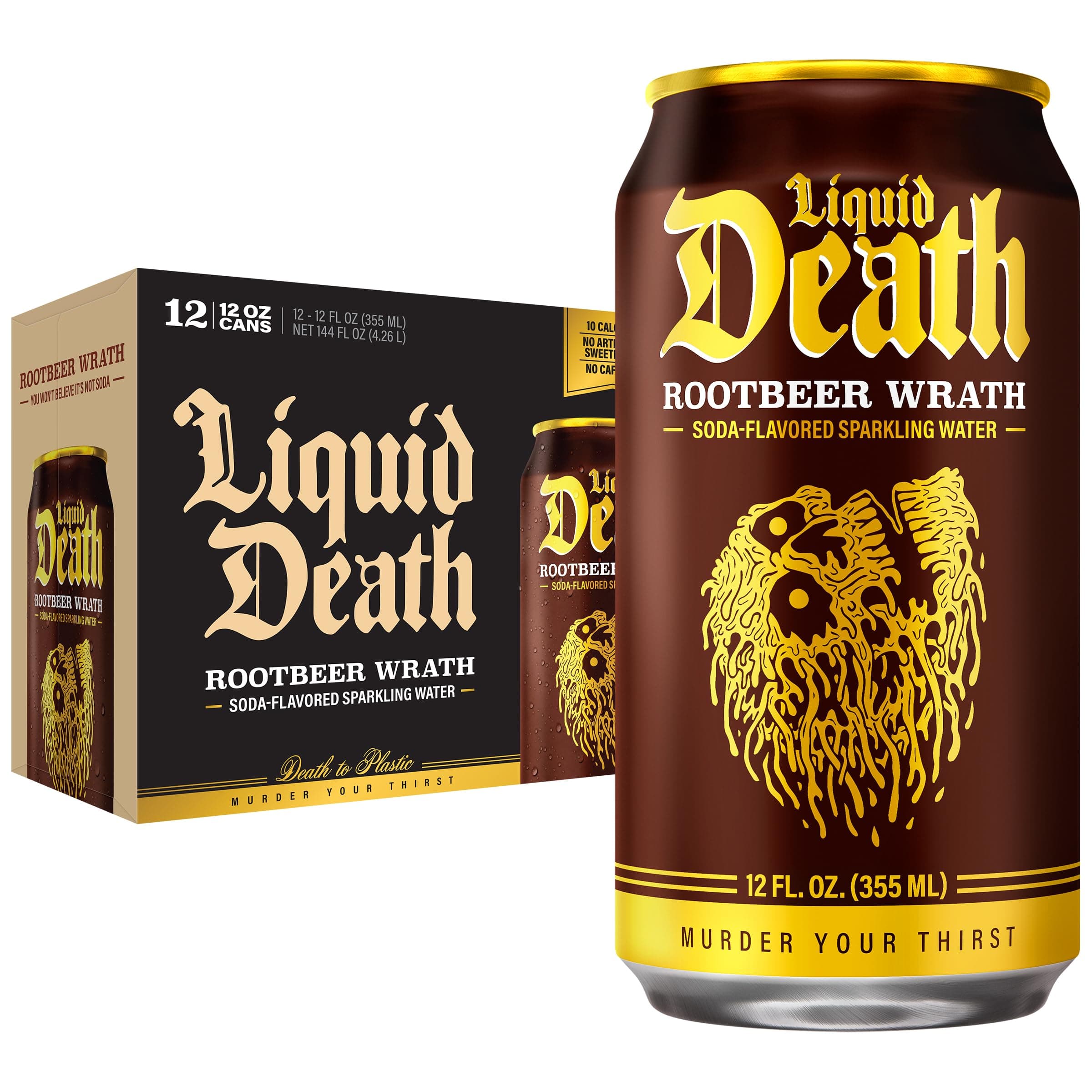 Liquid Death, Rootbeer Wrath, Root Beer-Flavored Sparkling Water, 12-Pack (12oz Cans), Low Calorie & No Artificial Sweeteners