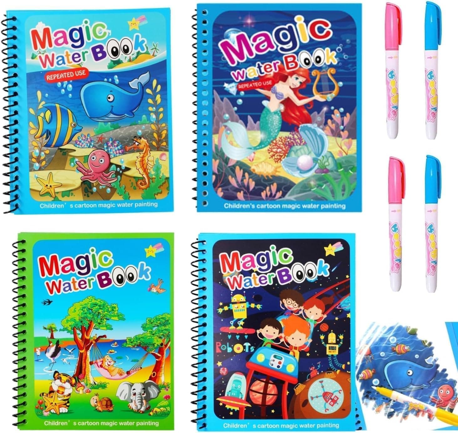 GLUN® Water Marker Magic Book for Kids, 4 Different Theme Magic Books, Educational, Promote Fine Motor & Drawing Skills, Reusable, Mess-Free Art with Quick Dry Technology