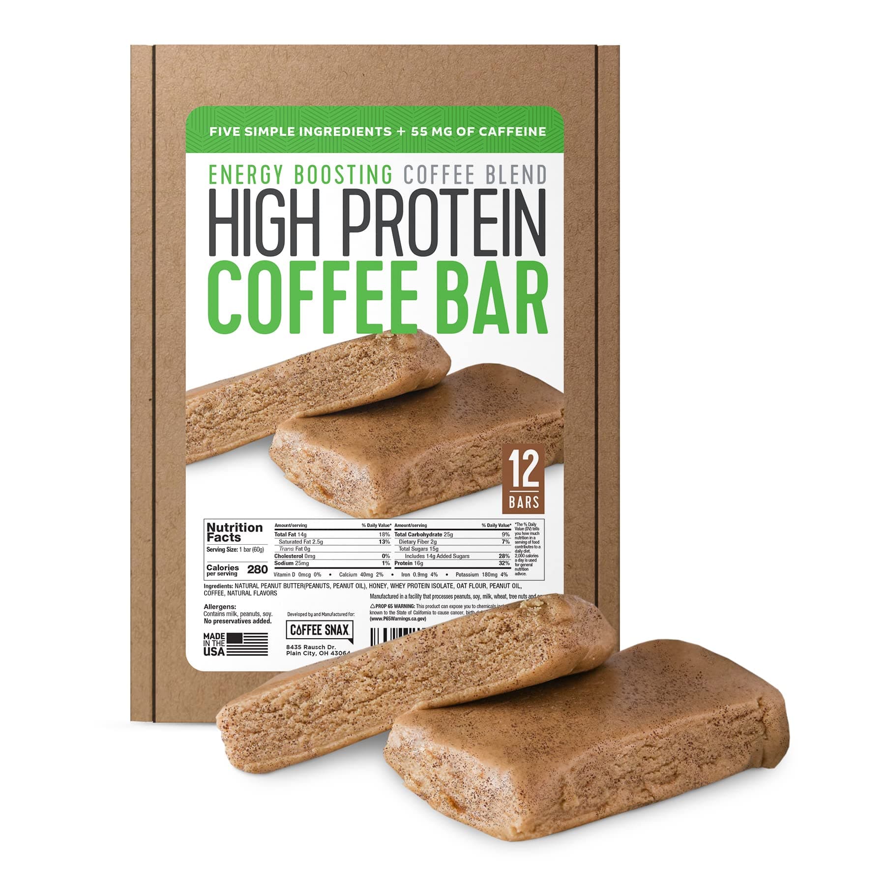 (Caffeinated) - Protein Coffee Energy Bar, Made with Five Simple Ingredients, All Natural, Gluten Free, Non GMO & 16g of Protein, Made with Real Coffee (55mg Caffeine per bar), 12 Bars (Peanut Butter)
