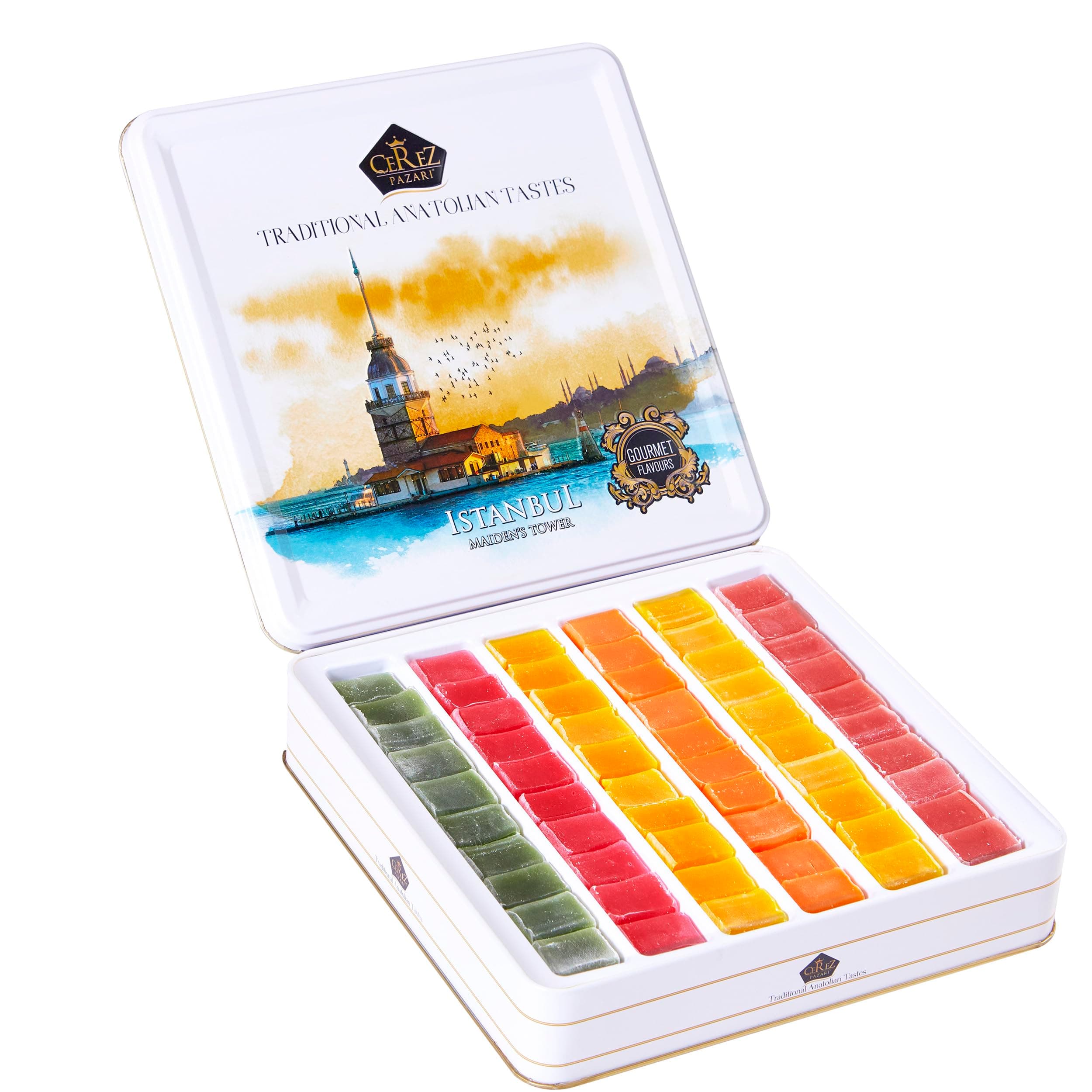 Cerez Pazari Turkish Delight Candy Gift Basket 1.6 lb, Lokum Dessert Gourmet With 6 Unique Flavors, Christmas Holiday Corporate Food Gifts In Elegant Metal Box