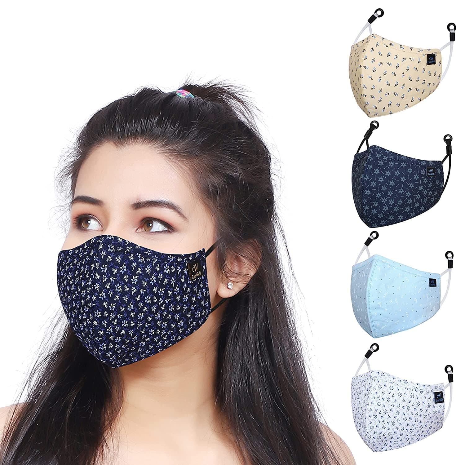Cenwell Reusable, Washable Designer Fabric Cotton 3D Printed 6 Layer Face Mask with Adjustable Earloop, Ear Saver Strap, Melt Blown Filter for Men & Women