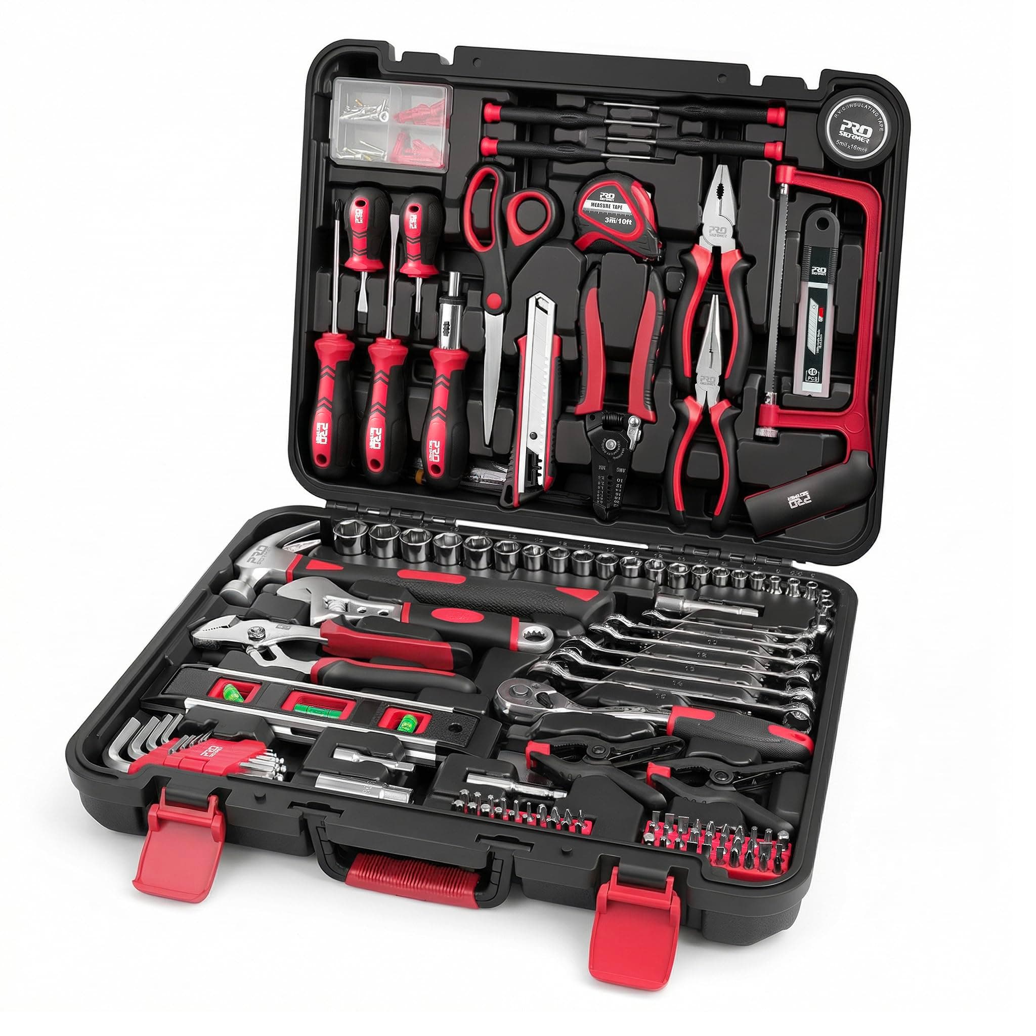 Prostormer 259-Piece Tool Kit, General Household Hand Tool Set with Plastic Storage Toolbox, Portable Complete Repair Tool Box for Home and Car (Red)