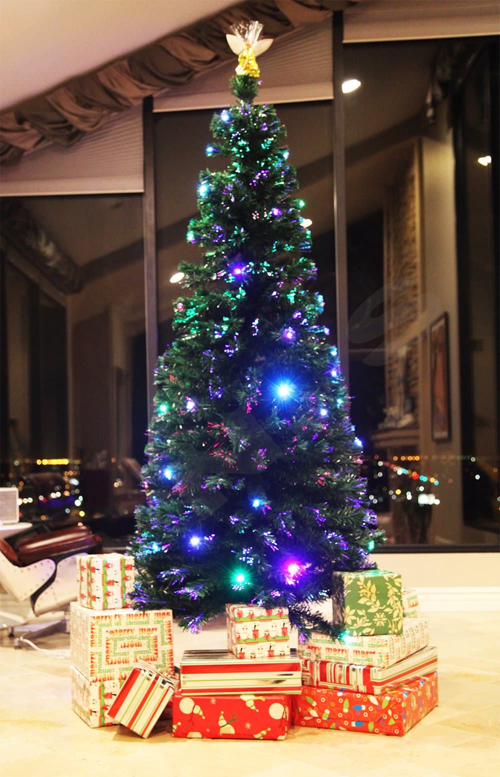 xmasource 7.5 FT Prelit Fiber Optic & Multi Color LED Lights Artificial Christmas Tree with Angel Topper and Stand