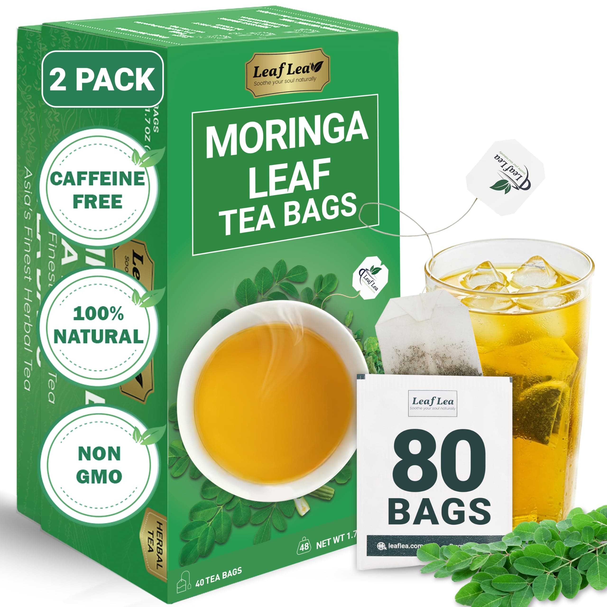 LeafLea 80 Moringa Tea Bags, Made from Natural Moringa Leaves, Caffeine-Free Herbal Tea, Sugar-Free, Individually Wrapped for Fresh Flavor (Pack of 2)
