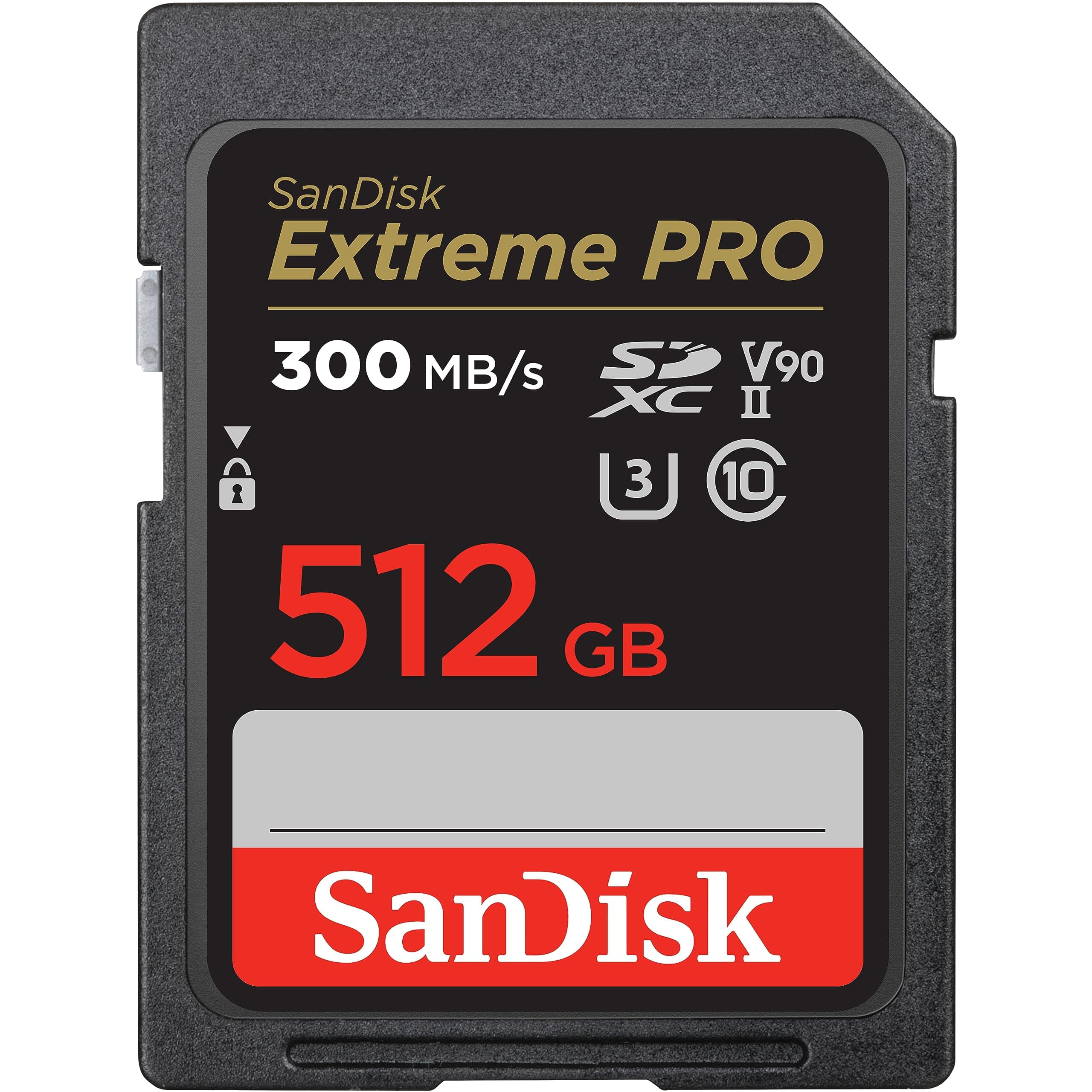 SanDisk 512GB Extreme PRO SDXC card, SD Card, V90 Memory Card, 8K, 4K and Full HD Video, up to 300 MB/s Shock, Temperature, Water and X-Ray Proof, UHS-II, Class 10 U3