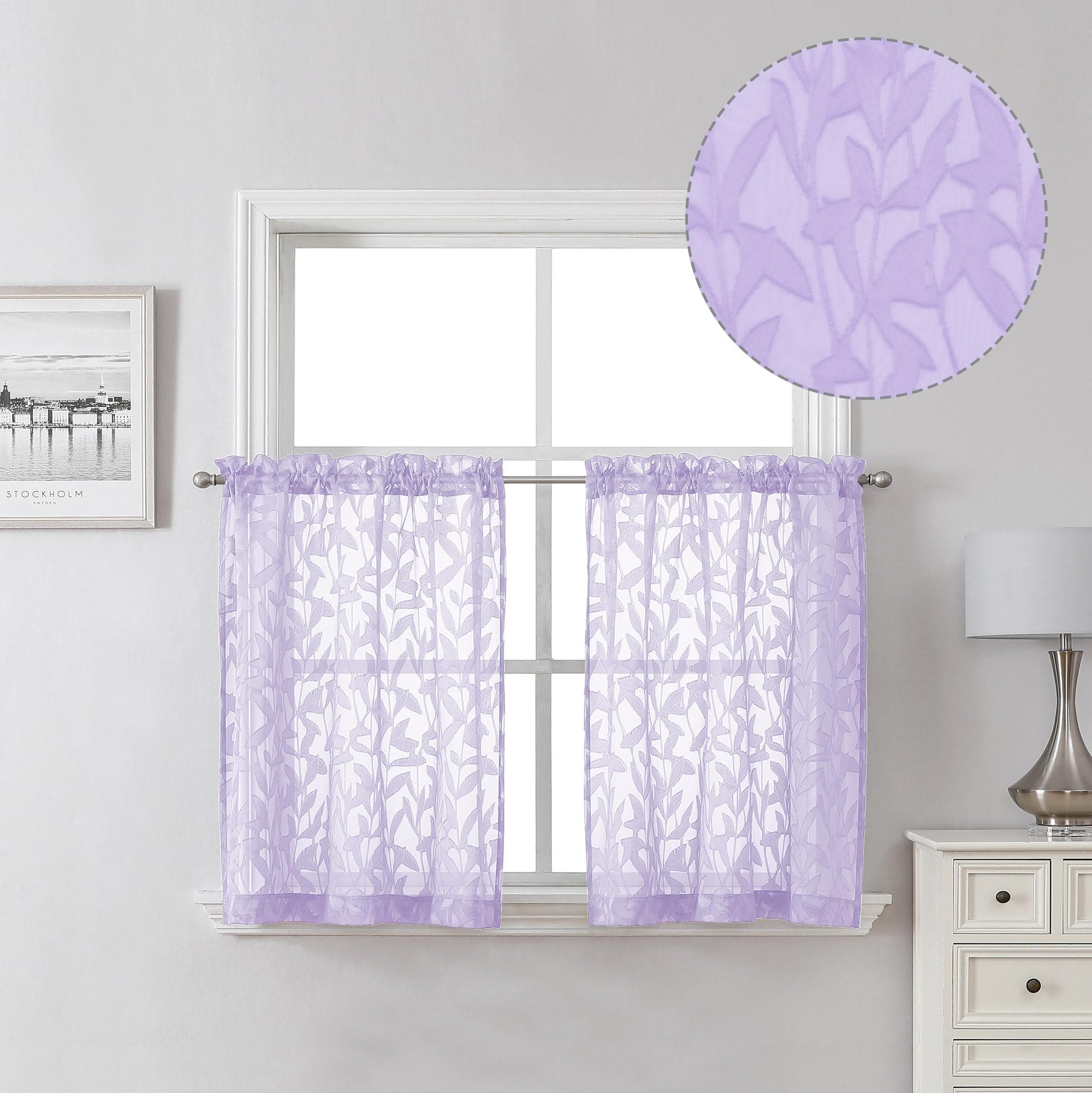 Lecloud Leia Light Purple Sheer Kitchen Curtains 24 Inch Length 2 Panels, Jacquard Textured Leaf Voile Short Curtains with Dual Rod Pocket, Farmhouse Bedroom Living Room Tiers, 38 W x 24 L