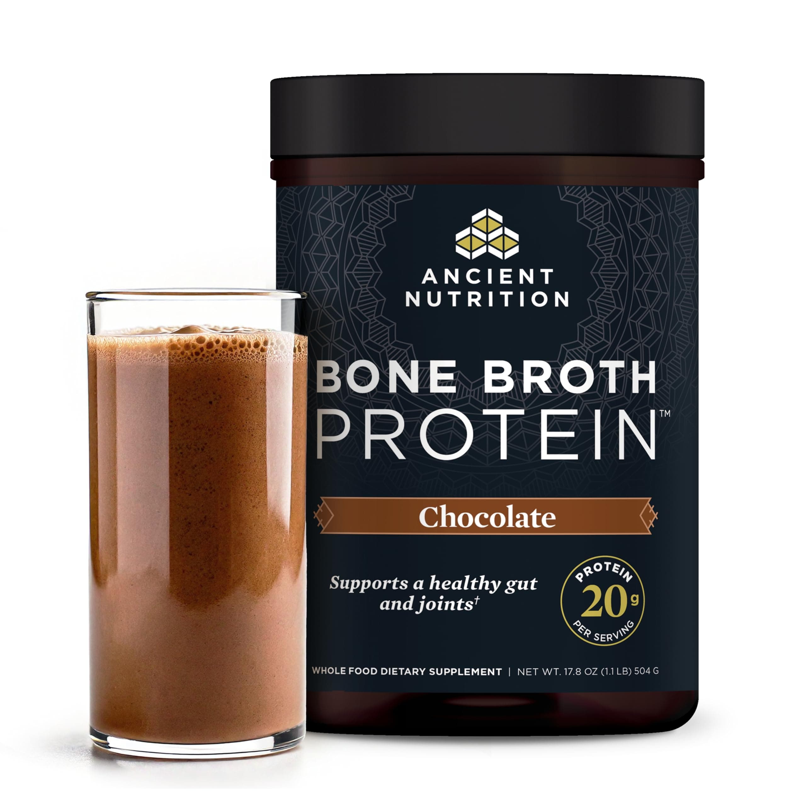 Protein Powder Made from Real Bone Broth, Chocolate, 20g Protein Per Serving, 20 Serving Tub, Gluten Free Hydrolyzed Collagen Peptides Supplement, Great in Protein Shakes