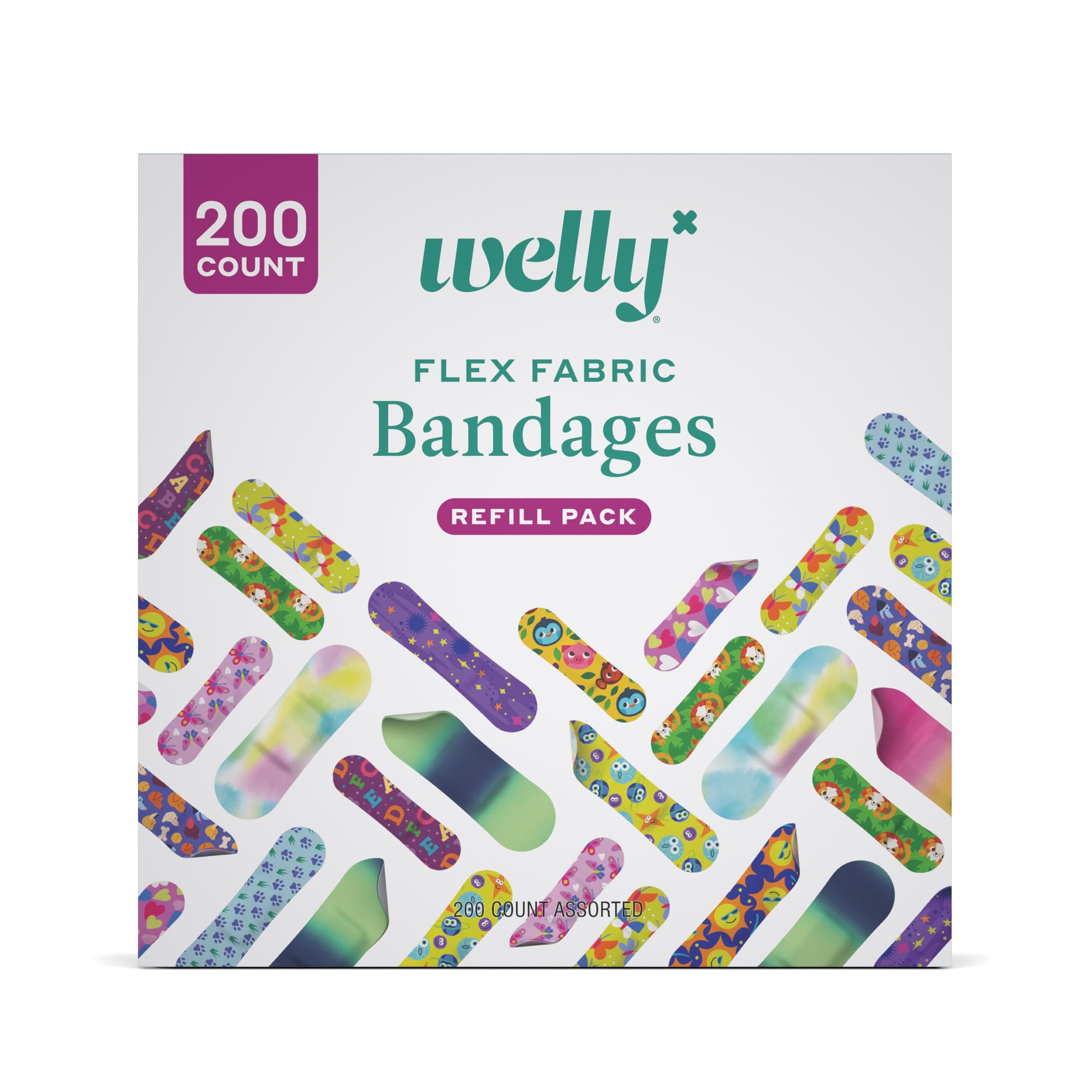 Bandage Refill Ready Pack | Adhesive Flexible Fabric Bandages | Bulk Assorted Shapes and Patterns for Minor Cuts, Scrapes, and Wounds - 200 Count