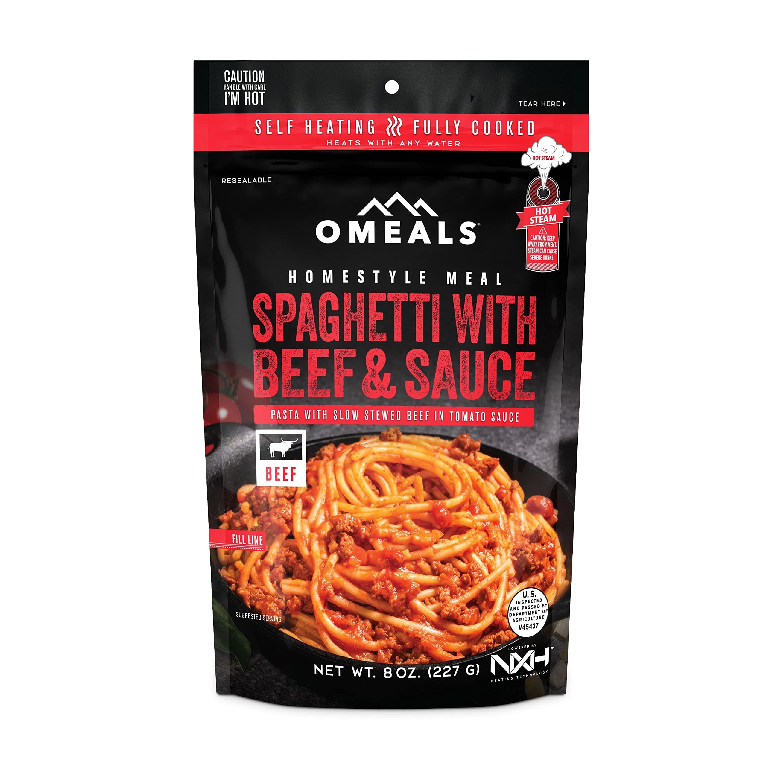 OMEALS Spaghetti w/Beef-MRE-Extended Shelf Life-Fully Cooked w/Heater-No Refrigeration-Outdoor Enthusiast, Travelers, Emergency Supplies-USA Made