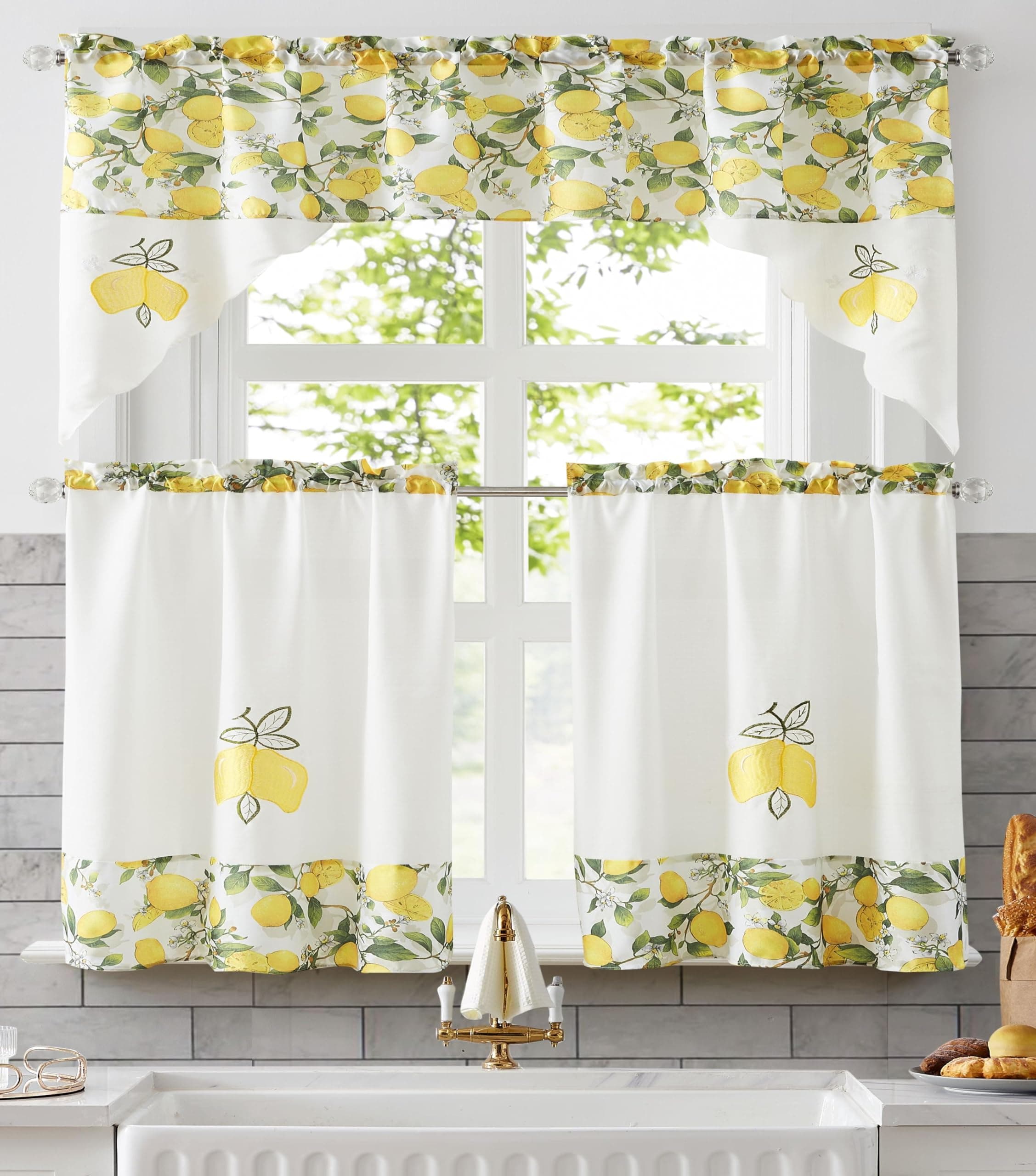 RT Designers Collection Lemon Leaf Embroidered Printed Kitchen Curtain Tier Window Valance Farmhouse Light Filtering