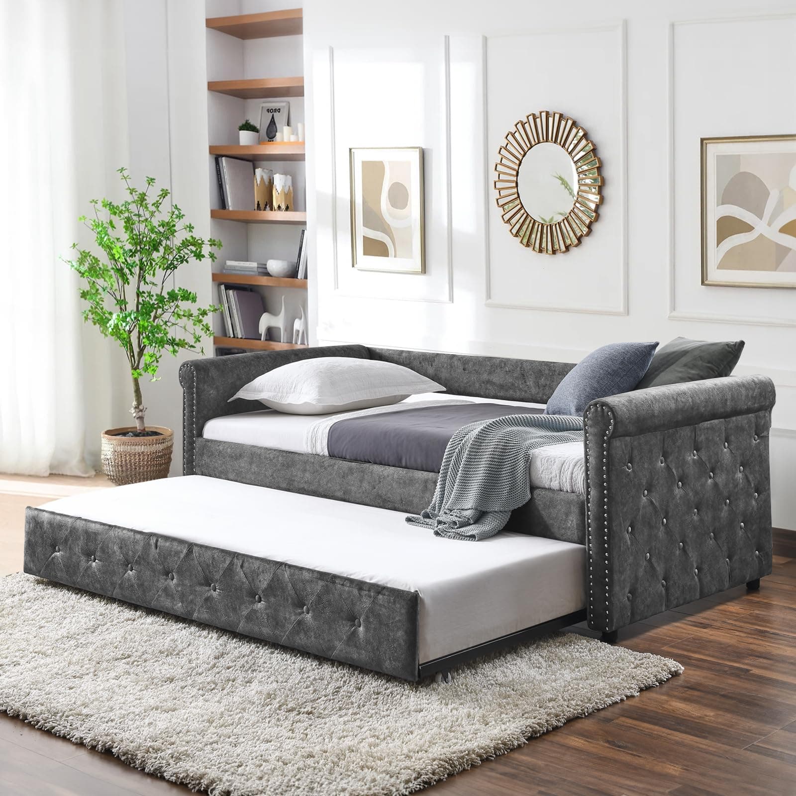 Antetek Daybed with Trundle, Fabric Upholstered Twin Size Button-Tufted Sofa Daybed Frame w/Twin Roll-Out Trundle, No Box Spring Needed, Furniture for Bedroom, Living Room, Guest Room, Grey