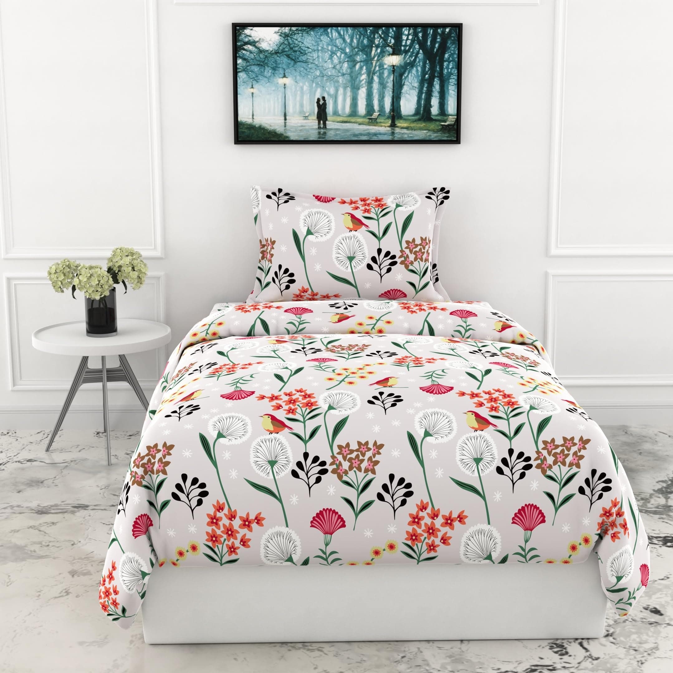 LORETO - A QUALITY LINEN BRAND 100% Pure Cotton Bedsheet for Single Bed, 144TC Soft & Breathable Single Bed Sheet with Pillow Cover(54 x 84 Inches, Lavender Grey Spring Harmony)