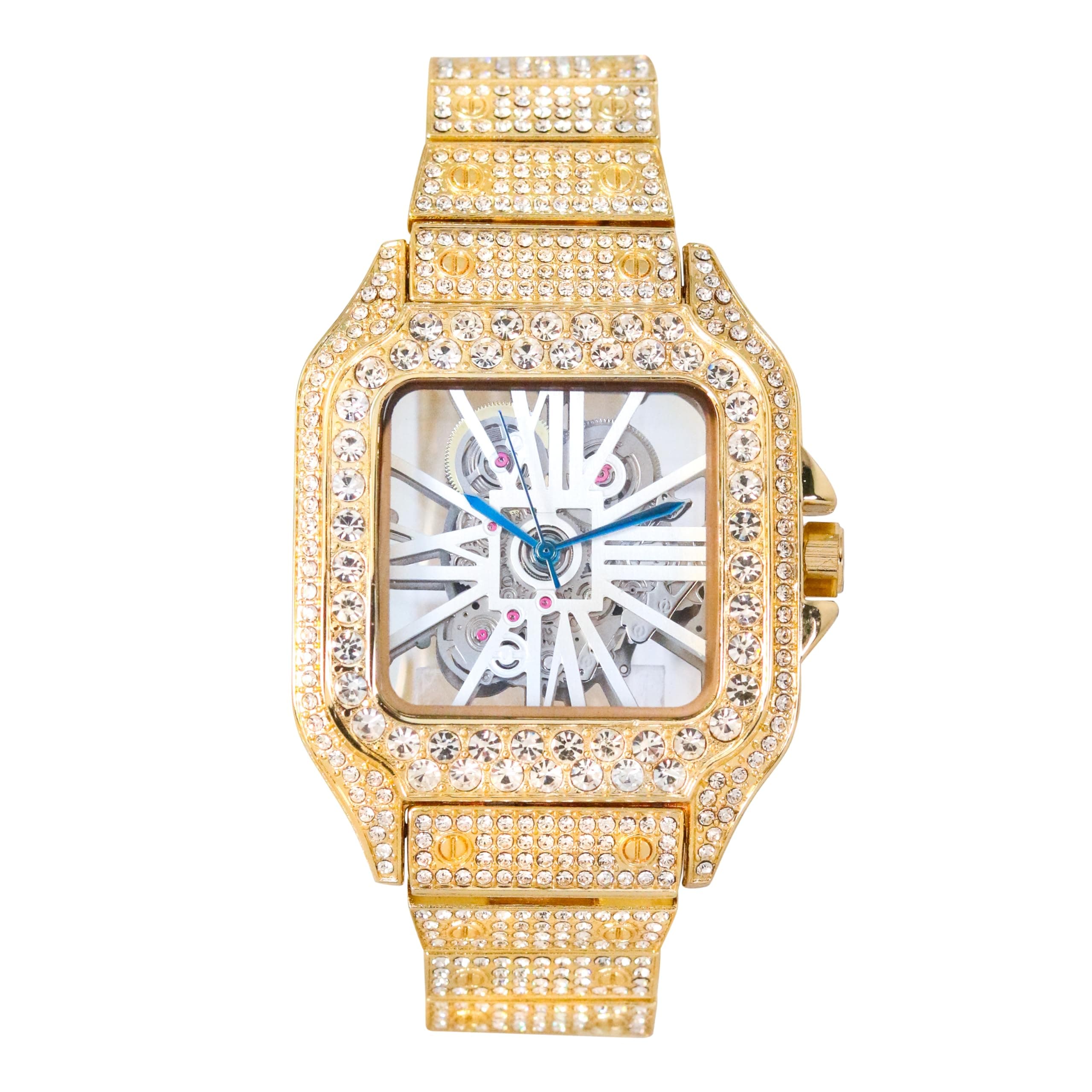 Men's 45mm Square Iced Diamond Watch - Fully Iced Case & Roman Dial - Bling-ed Out Adjustable Band - 14k Gold, Silver, Two-Tone, Gun Finish - Watch & Bracelet Sets Options