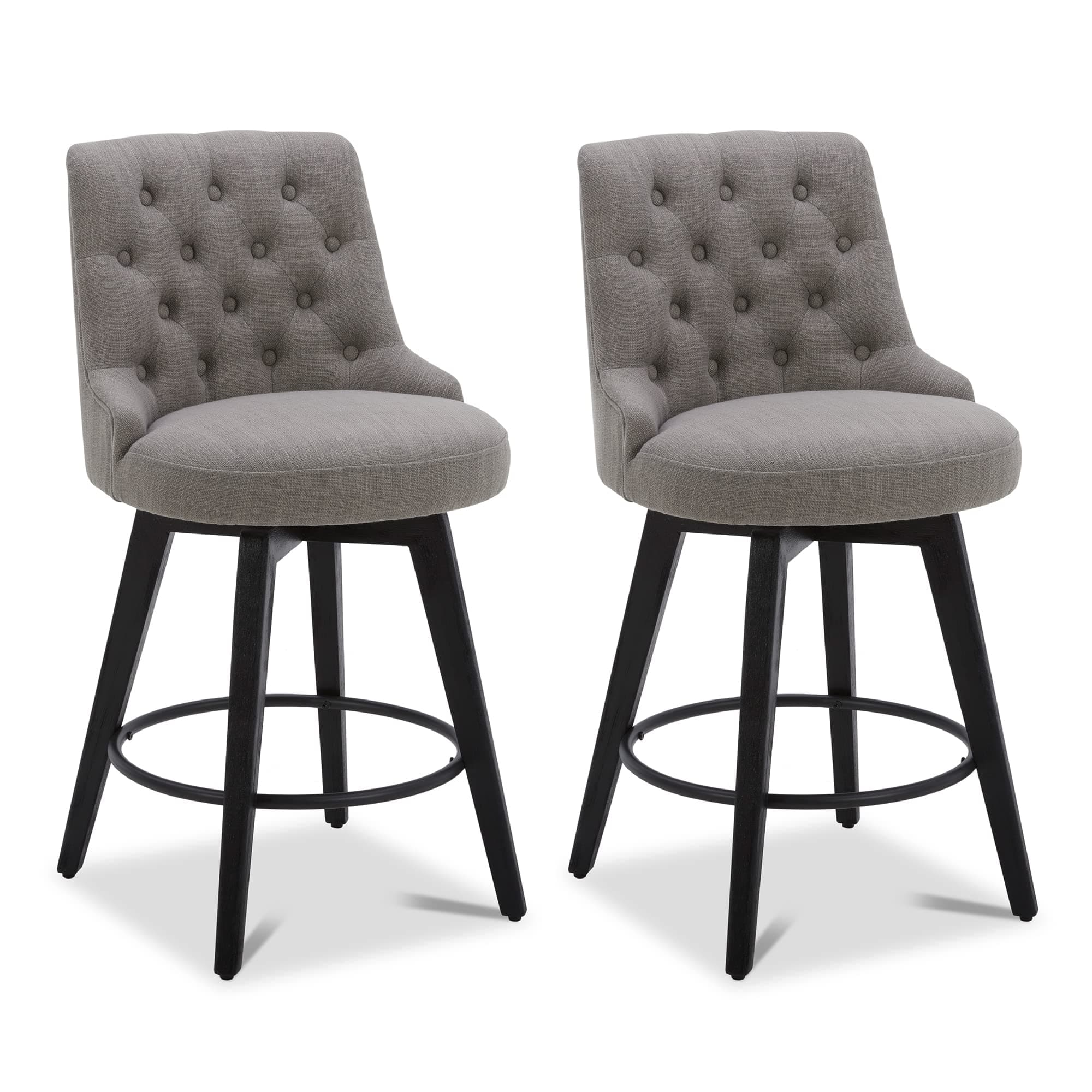 - Watson & Whitely Modern Swivel Bar Stools, Performance Fabric Upholstered Counter Height Bar Stool with Back, Solid Wood Legs, 26" H Seat, Set of 2, Flint Grey