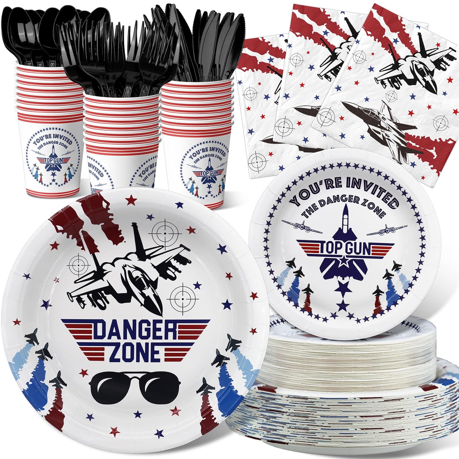 OutegoFighter Jet Pilot Party Decorations Set - Unique Fighter Pilot Party Plates, Cups, Napkins, and Cutlery - Military Jet Party Supplies for Birthdays and Event