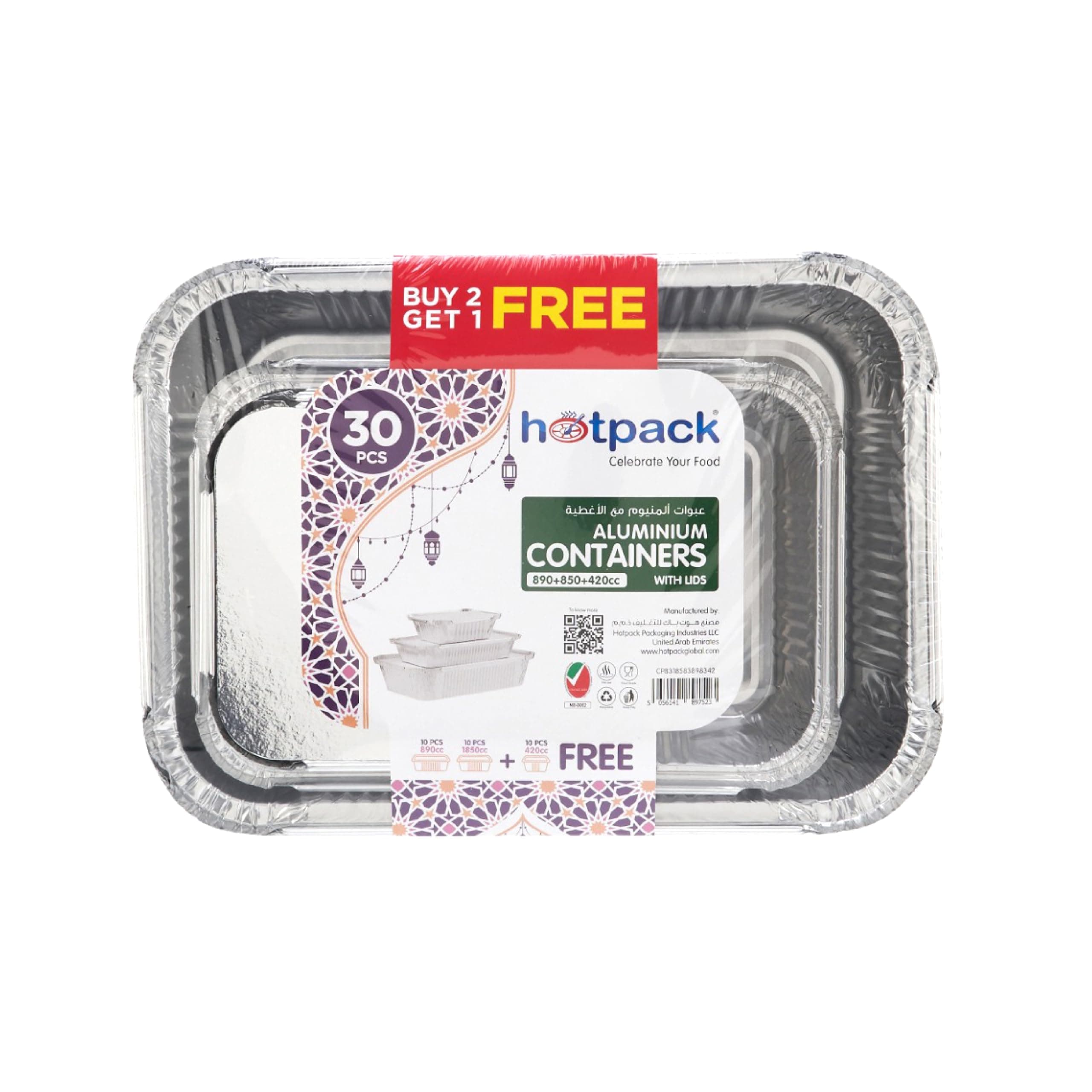 Hotpack Aluminium Food Storage Container Combo Pack, 10 X 1850 Cc + 10 X 890 Cc + 10 X 420 Cc
