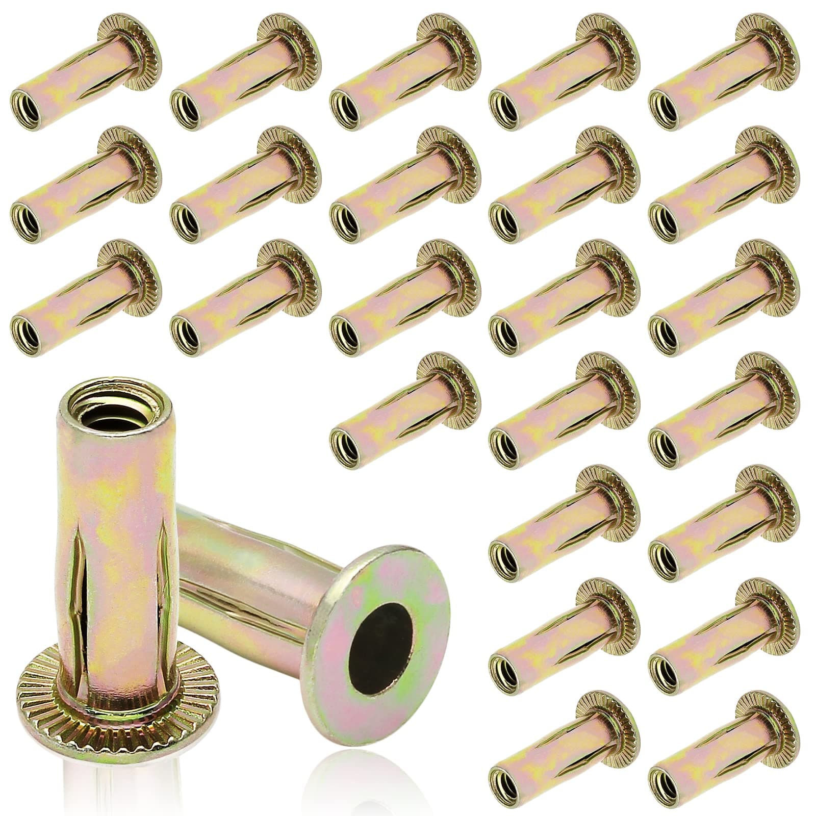 25Pcs Steel Multi Grip Rivet Nuts Pre Bulbed Shank Zinc-Plated Flat Head Threaded Insert Nut Construction Fasteners for Industrial (1/4-20)