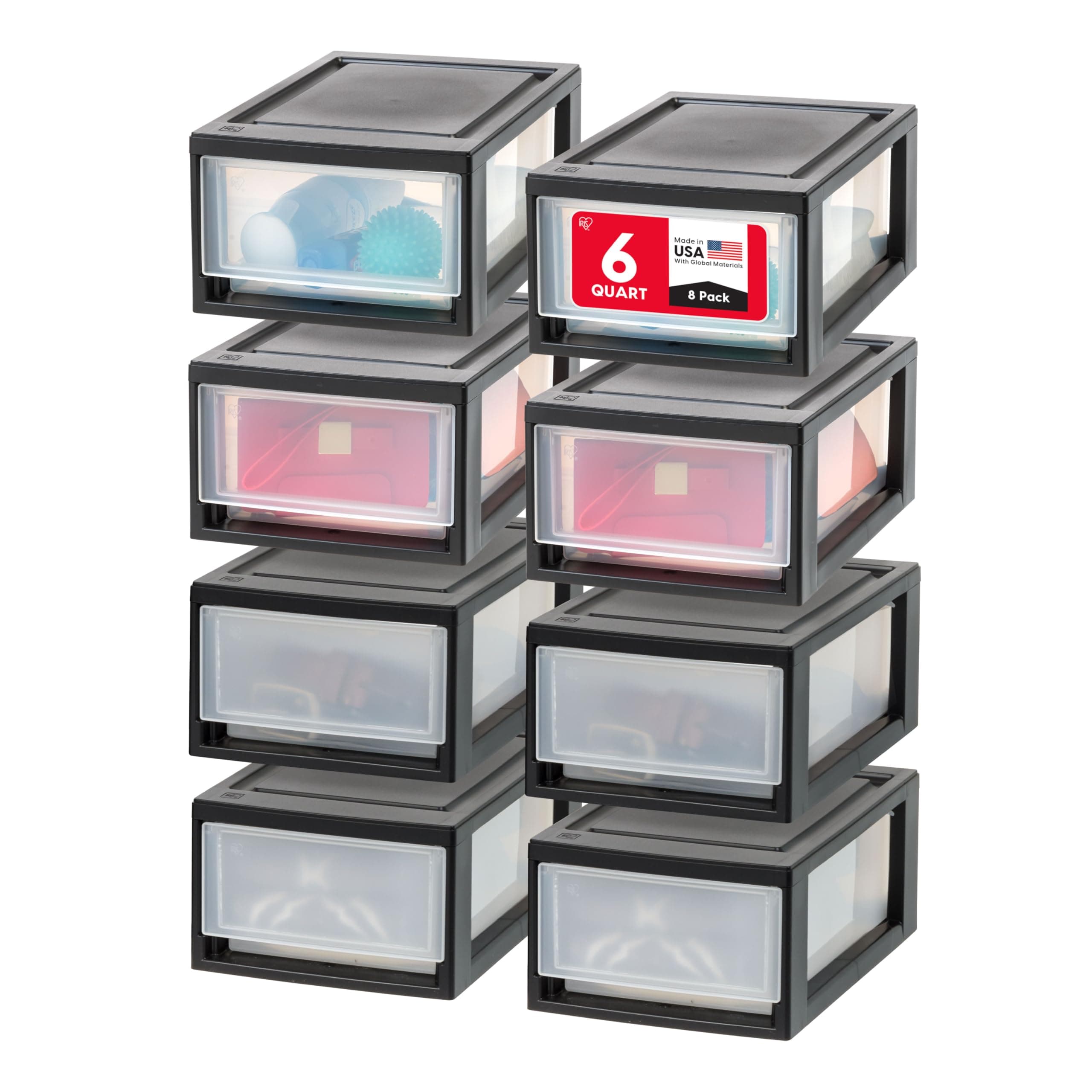 IRIS USA 6 Quart Stackable Storage Drawer, Plastic Drawer Organizer with Clear Doors for Pantry, Closet, Desk, Kitchen, Under-Sink, Home and Office De-Clutter, Shoes and Crafts - Black, 8 Pack