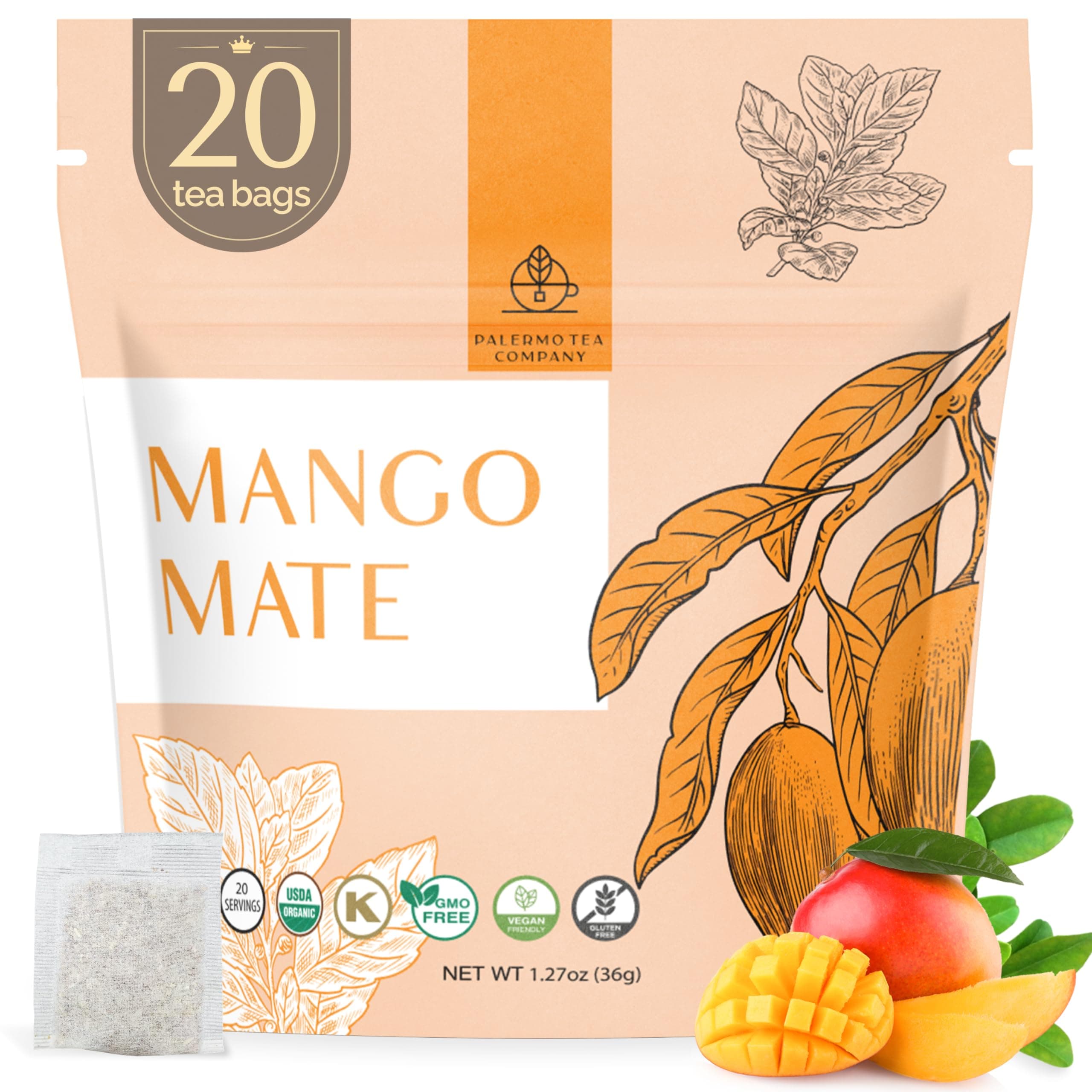 Palermo Organic Yerba Mate Tea Bags 20 Count - Mango Mate Infused with Cinnamon, Orange Peel & Licorice Root - Antioxidant-Rich Tropical Mango Flavor, Sweet Spice Blend, Unsmoked, Vegan, Gluten-FreeUSDA Organic