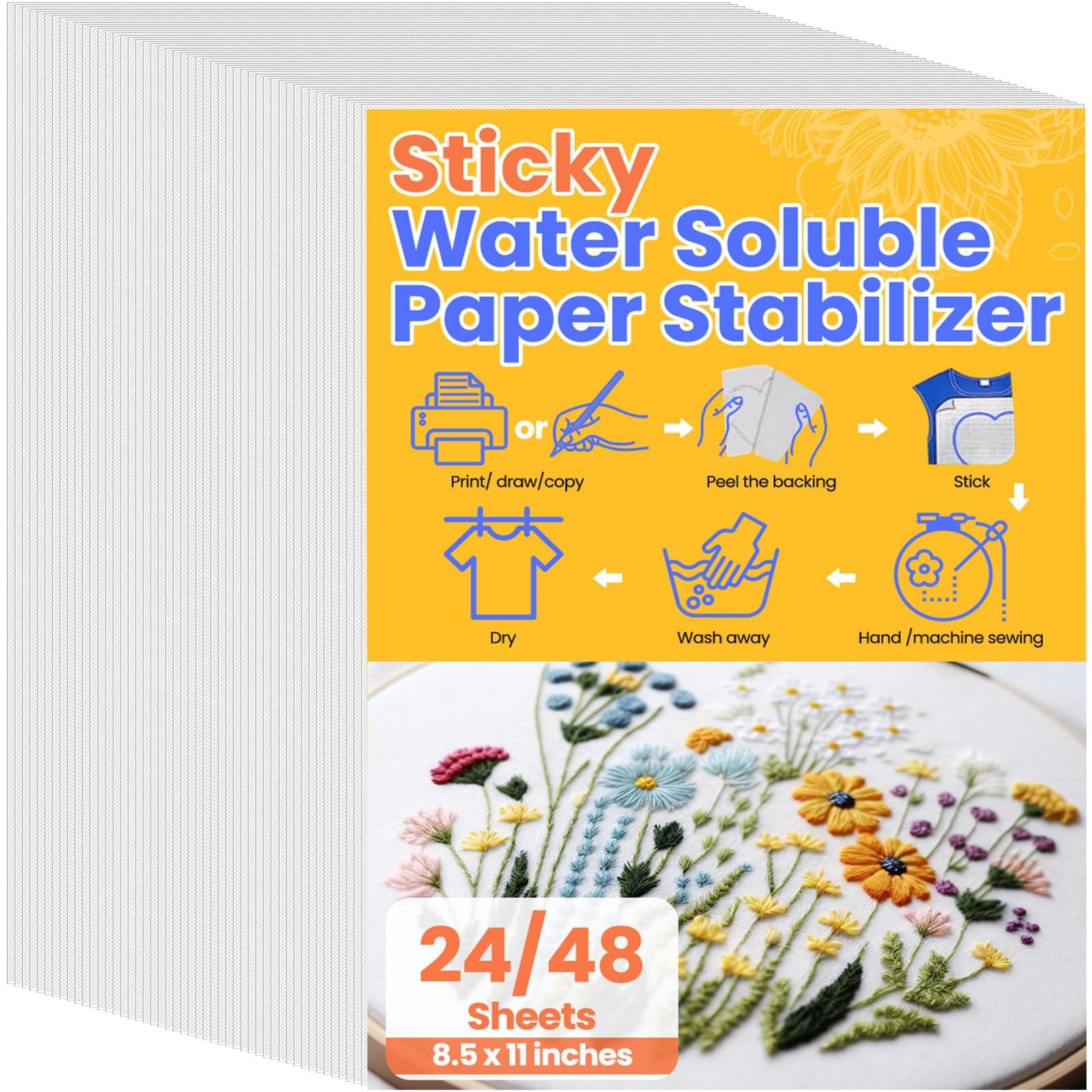 Mindsoft 24 Pcs 8.5"x11" Sticky Water Soluble Embroidery Stabilizer Stick and Stitch Embroidery Paper Printable Wash Away Paper Stabilizer for Print or Draw Patterns