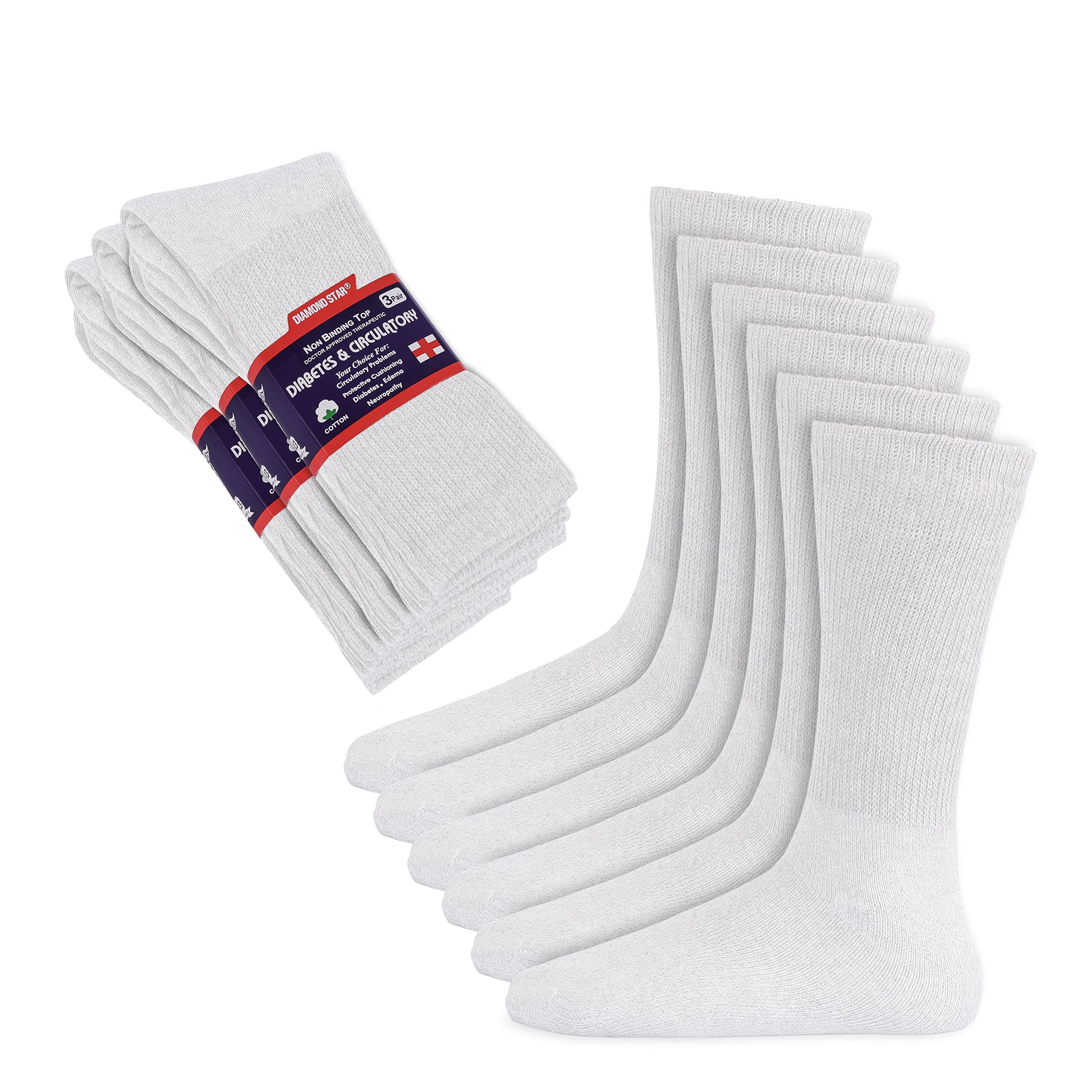Diamond Star Diabetic Socks, Non-Binding Circulatory Cushion Cotton Crew Diabetic Socks for Men Women