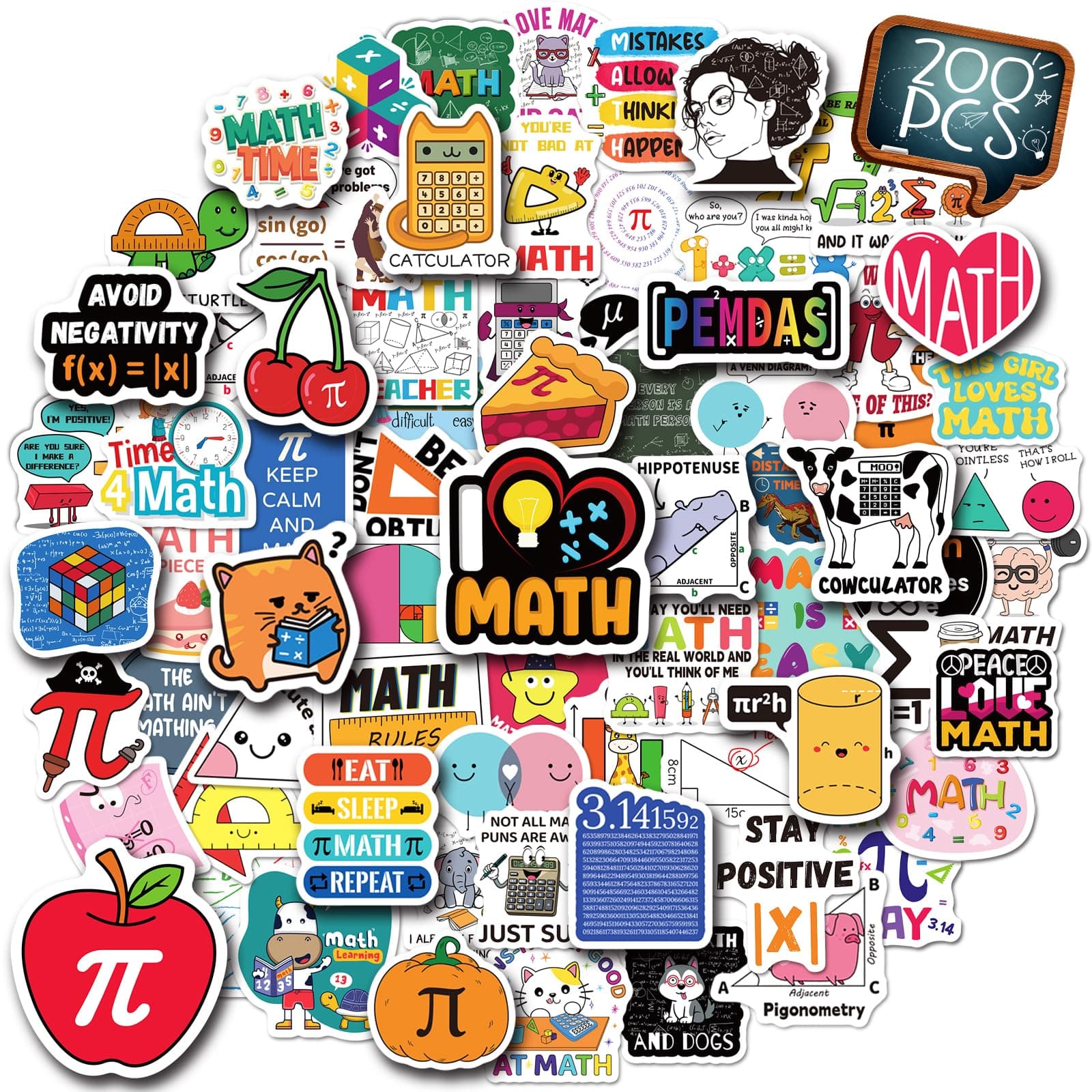 200 PCS Math Stickers Bulk for Teens Adults, Math Stickers Pack for Students Teachers, Math Teacher Gift Waterproof Vinyl Decals for Laptop Water Bottle Journaling Phone