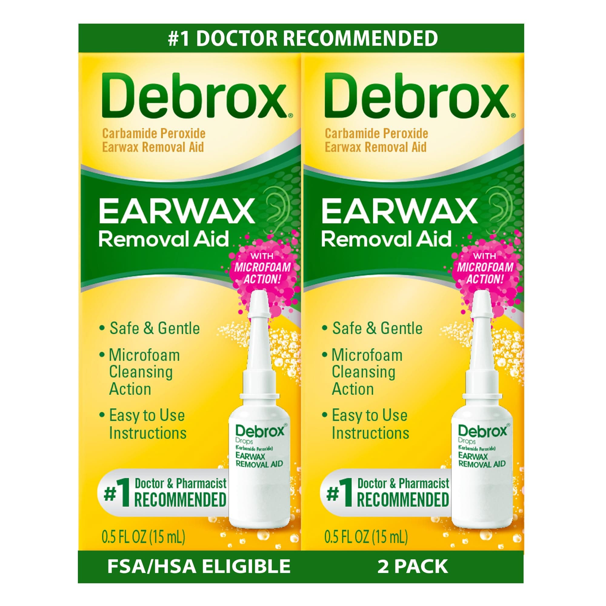 Debrox Ear Wax Removal Drops, Gentle Microfoam Ear Wax Remover, 0.5 Fl Oz, 2 Pack