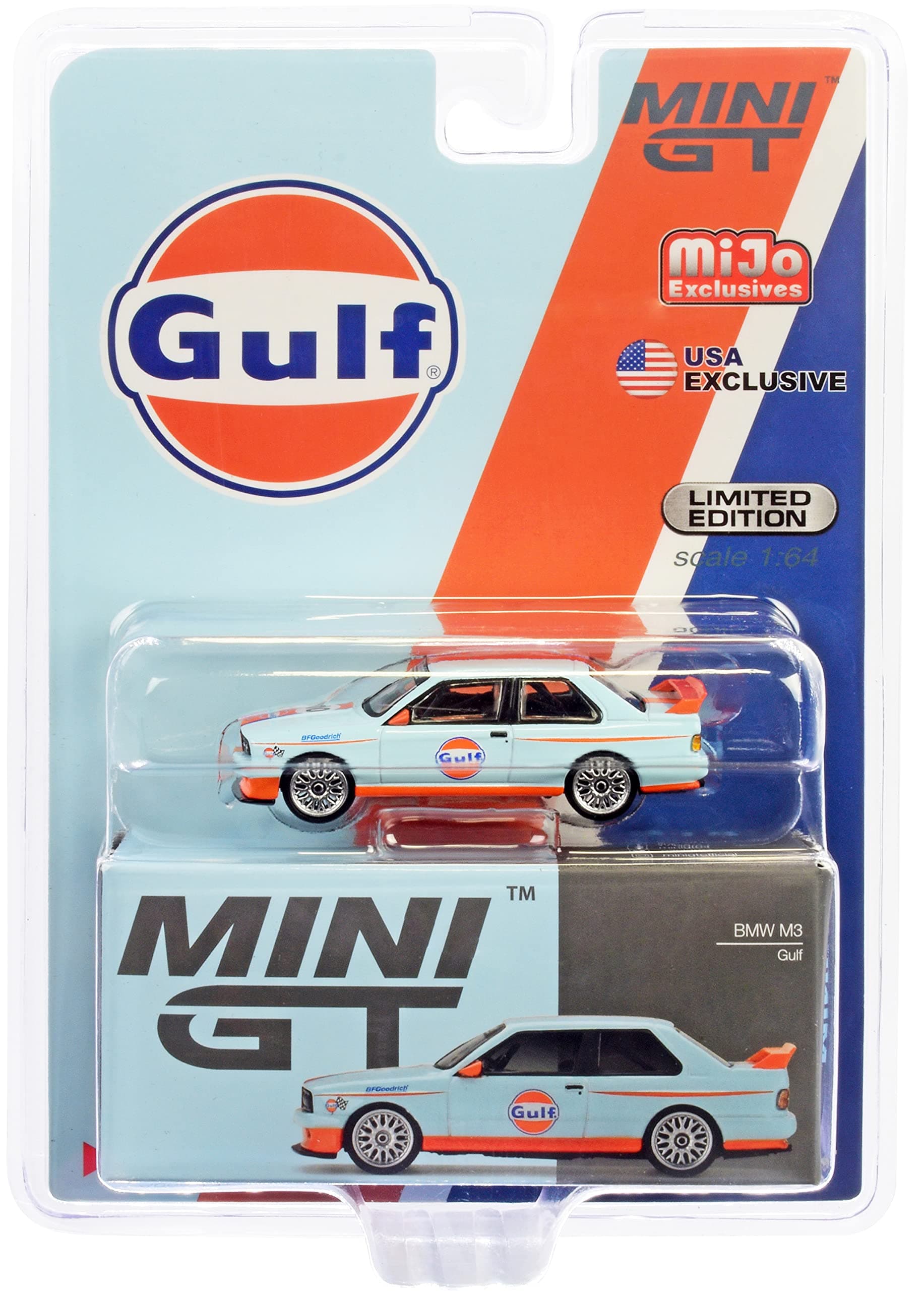 M3 E30 #10 ''Gulf Oil Light Blue with Orange Stripes 1/64 Diecast Model Car by True Scale Miniatures MGT00314, MGT00314-MJ