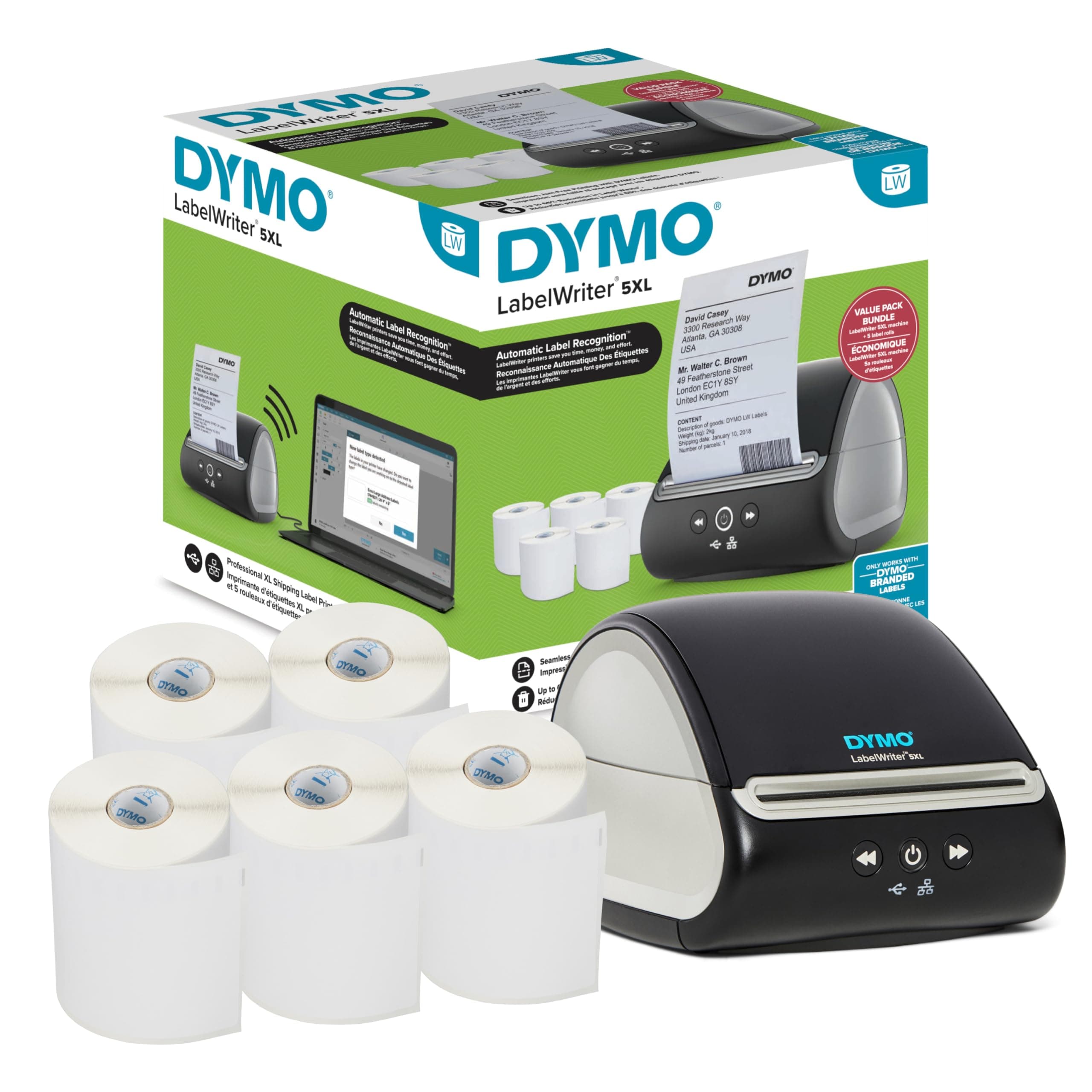 Dymo LabelWriter 5XL Label Printer Bundle, Prints Extra-Wide ShippingLabels (UPS, USPS) from Amazon, eBay, and More, Perfect for eCommerce Sellers, Includes 5 Extra-Large Shipping Labels (1100 Total)