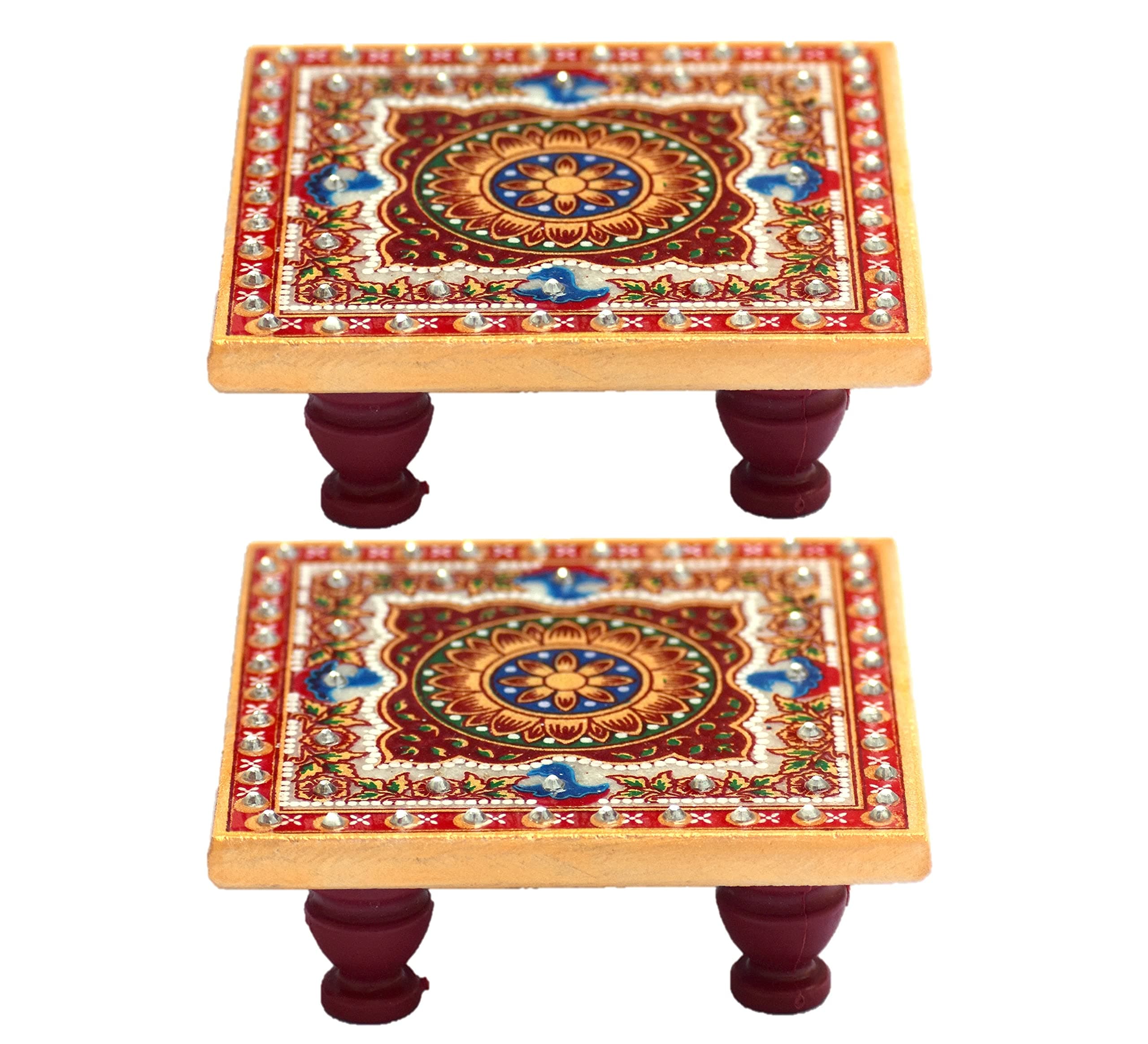 Mander ( Size: 4" x 4" Inch Small Designer Marble Chowki for Puja | Handcrafted Marble Pooja Chowki for God Mandir, Idols Sitting, Pratima Murti and Temple Decoration (Pack of 2)