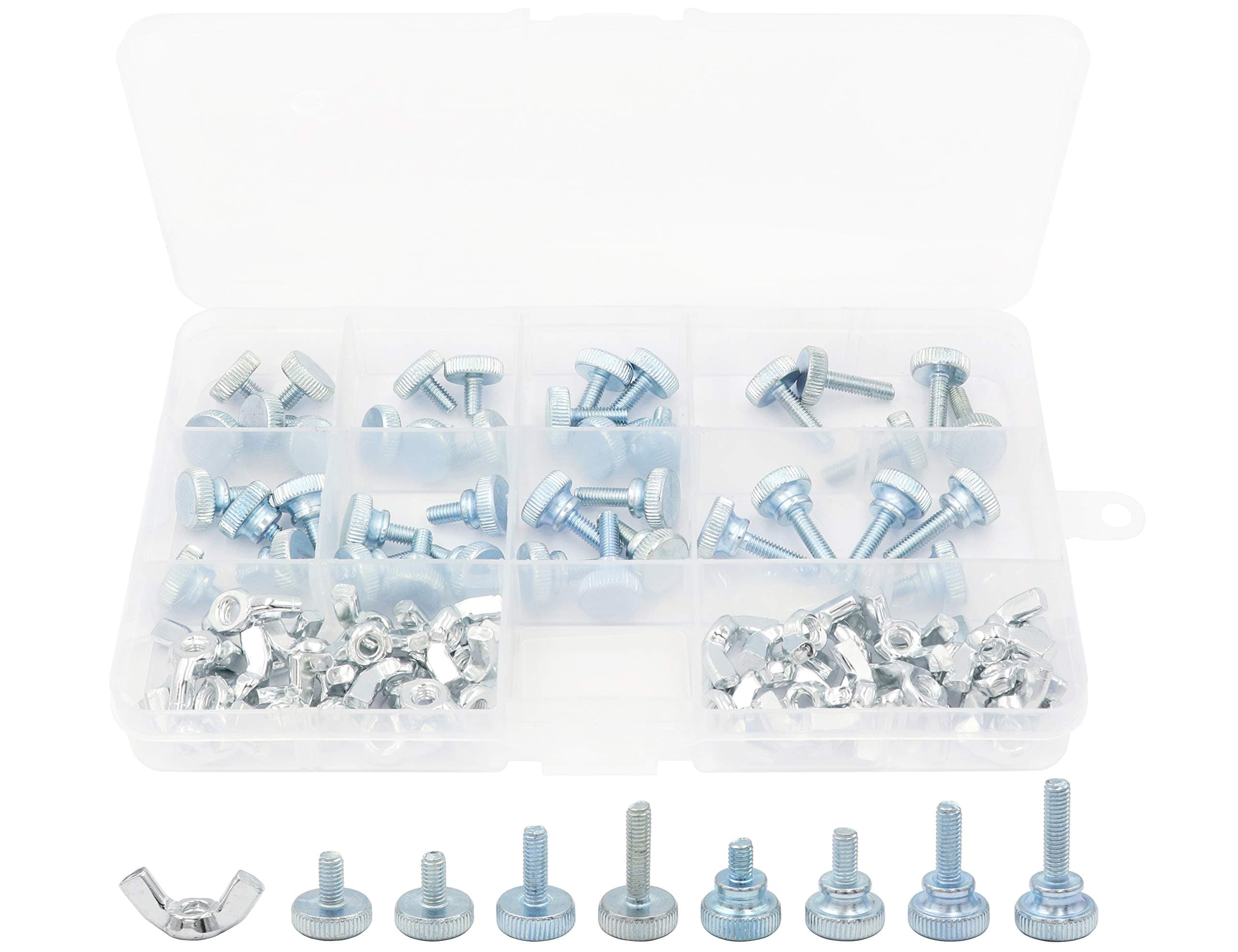 LBY 80pcs Knurled Hand Screw, M4 Flat Knurled Head Fully Threaded Thumb Screws and Wing Nuts 9 Sizes Assortment Kit, Carbon Steel, Galvanized
