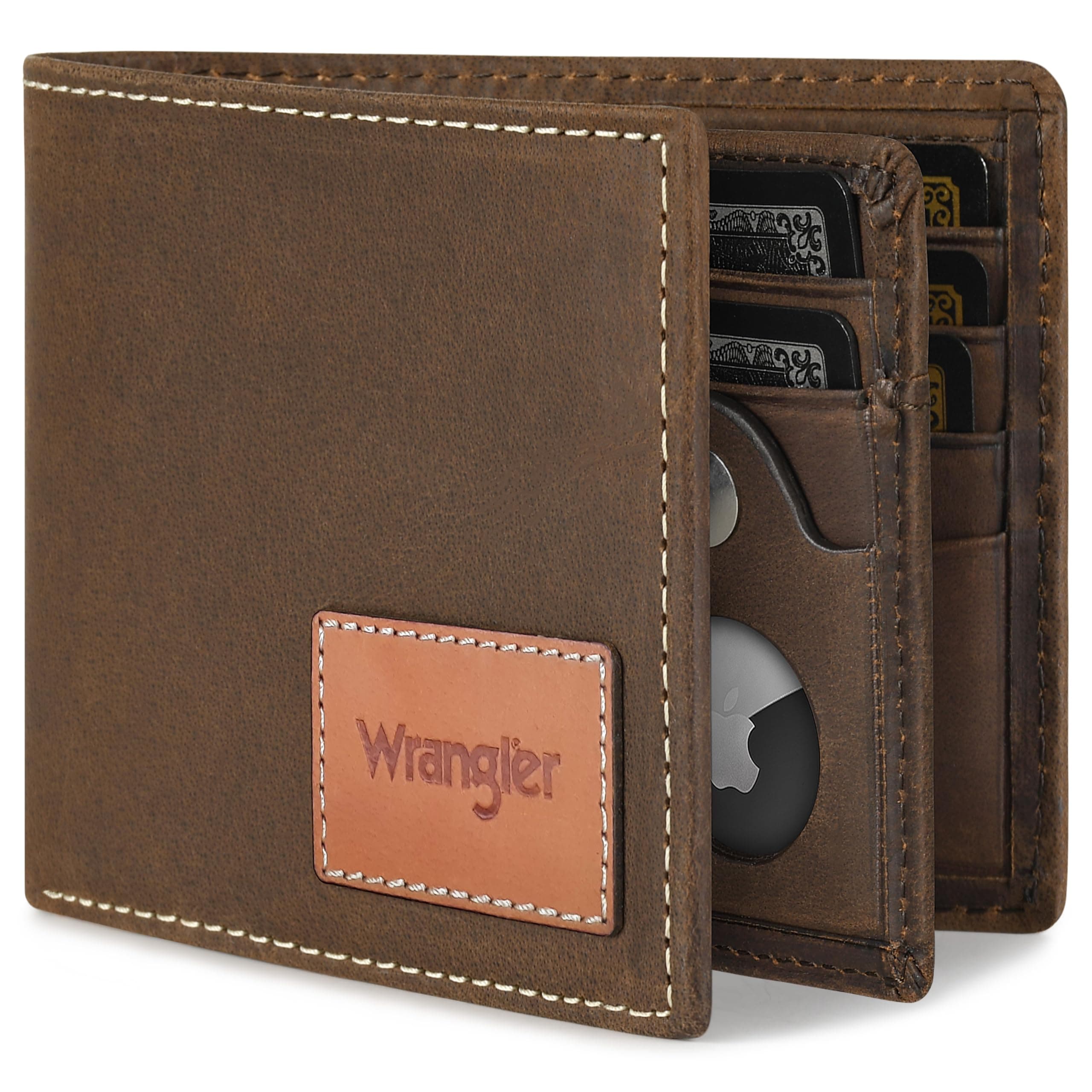 Wrangler Men's Wallet, Bifold Slim, RFID Blocking, Genuine Leather, Casual, for Everyday Use, 10–20 Cards, with Stealth AirTag Holder, S, Casual