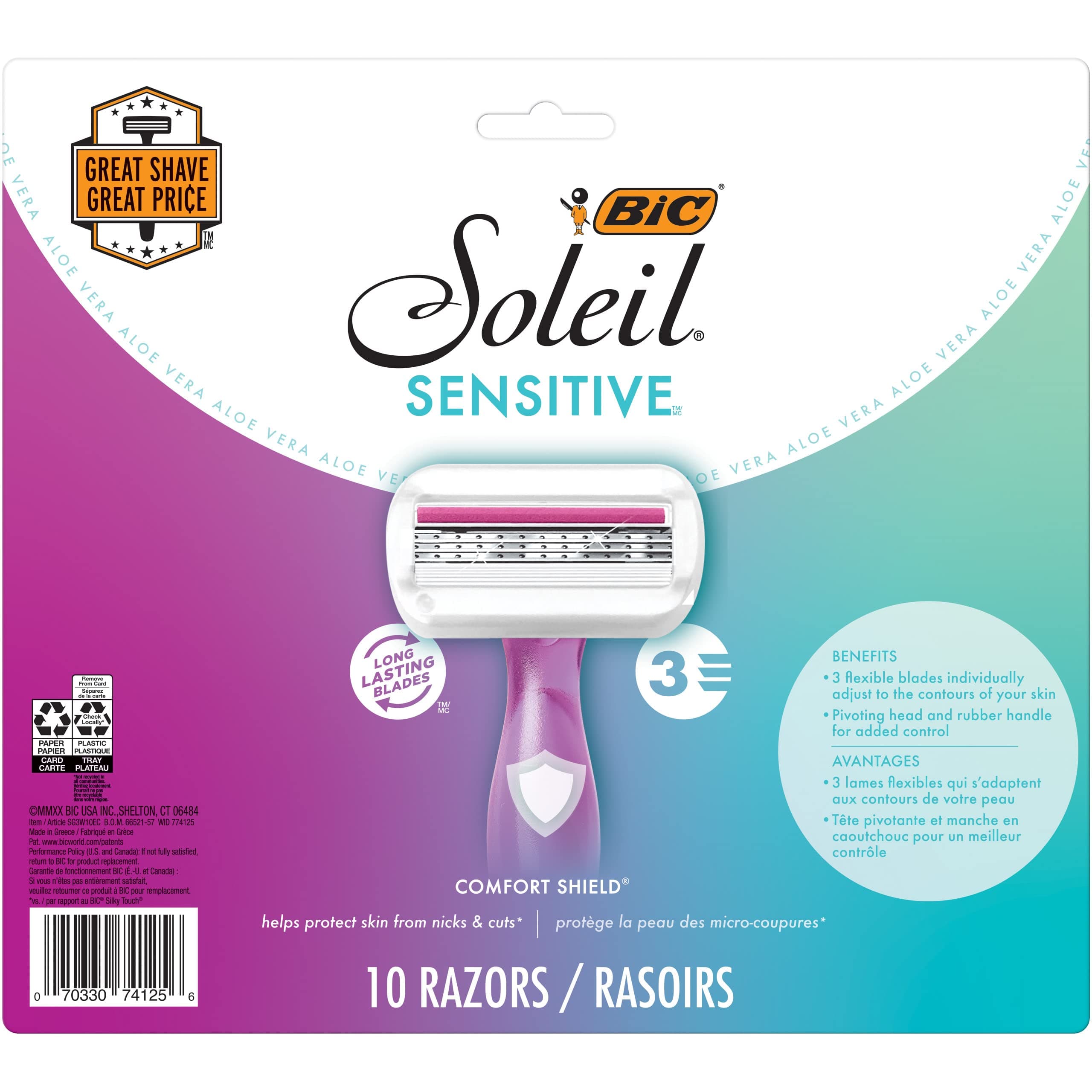 Soleil 3 Sensitive Women's Disposable 3 Blade Razors, Comfort Shield and Aloe Vera Moisture Strip, 10-Pack