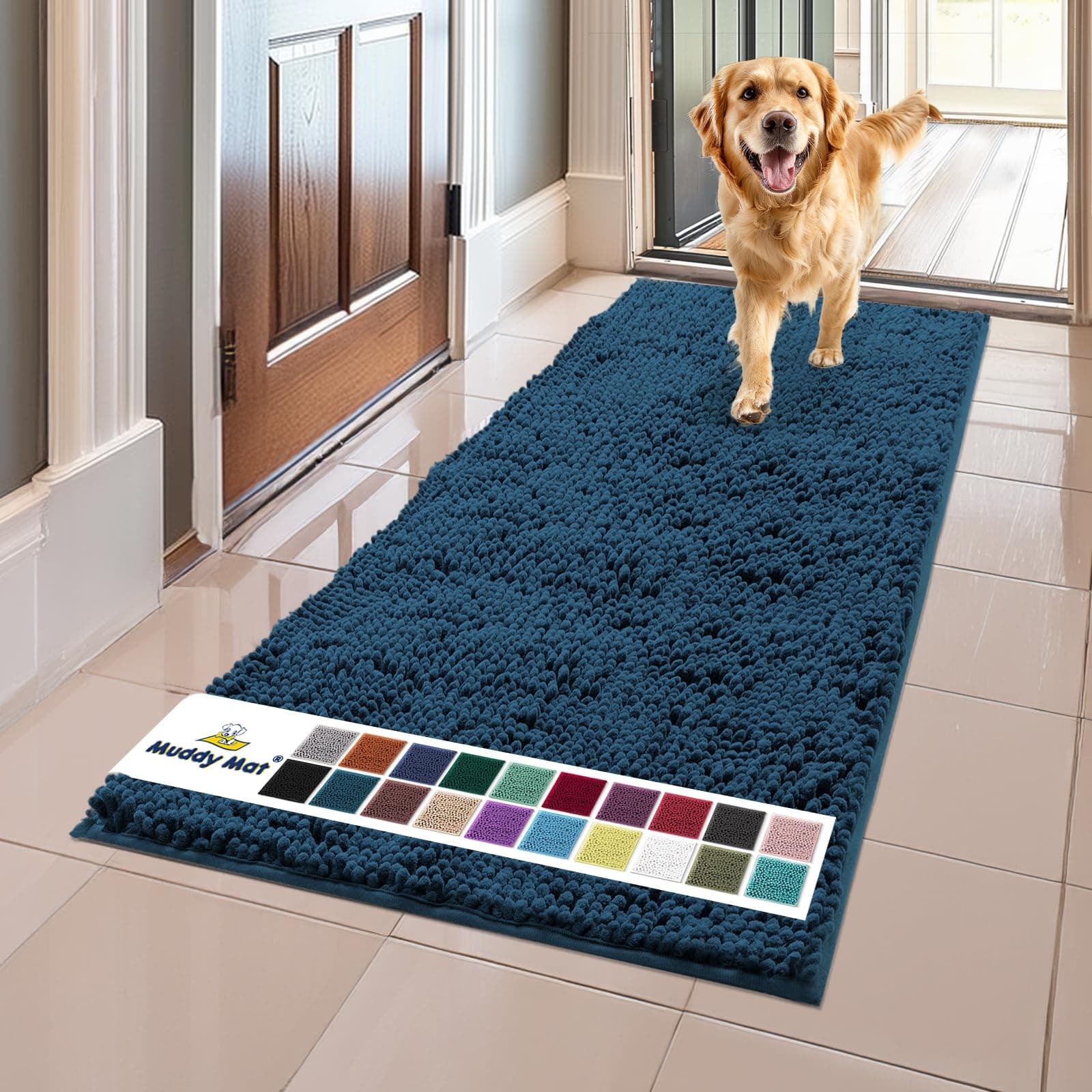 Muddy Mat® AS-SEEN-ON-TV Highly Absorbent Microfiber Door Mat and Pet Rug, Non Slip Thick Washable Area and Bath Mat Soft Chenille for Kitchen Bedroom Indoor and Outdoor - Atlantic Blue Runner 59"X24"