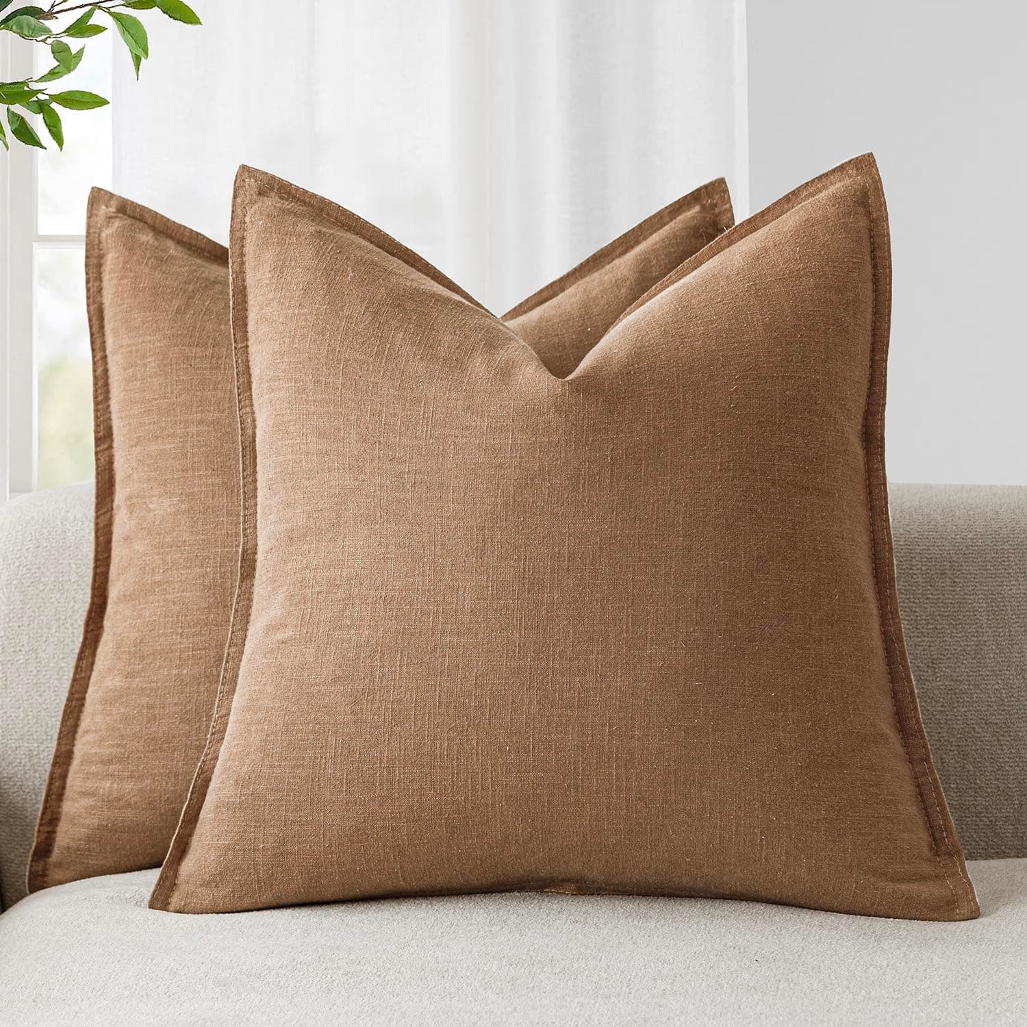 Pack of 2, Decorative Linen Soild Throw Pillow Covers Soft Accent Cushion Case Boho Farmhouse Pillowcase for Chair Couch Sofa Bedroom Living Room Home Decor 20 x 20 Inch Light Khaki Brown