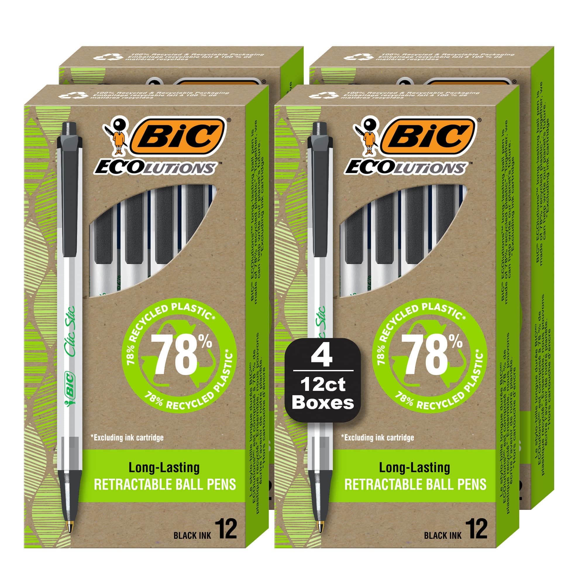BIC Ecolutions Clic Stic Black Ballpoint Pens, Medium Point (1.0mm), 48-Count Pack, Retractable Ball Point Pens Made from 78% Recycled Plastic