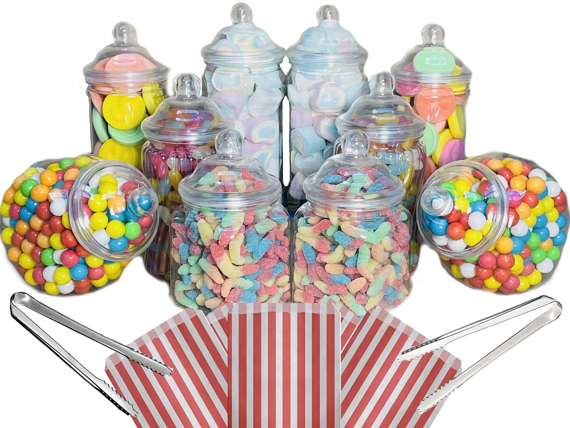Truly Sweet Candy 10 Plastic Sweet Jars, 5 styles, 2 tongs, 50 bags Buffet (Red)