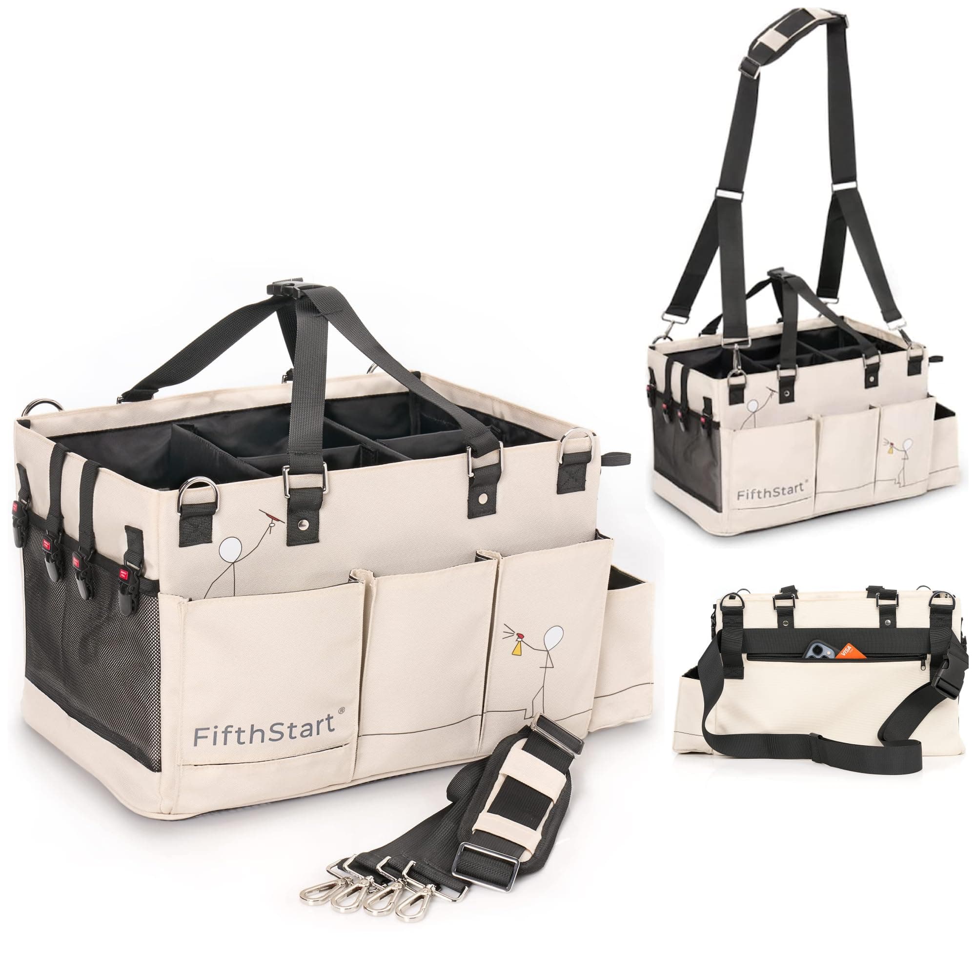 Multiuse Cleaning Caddy with Waist & Shoulder Strap,9 Pockets Professional Bag, Mesh Base & Adjustable Compartments - Beige Large Organizer with Handle - Cleaning Caddy Bag (Beige, Large)