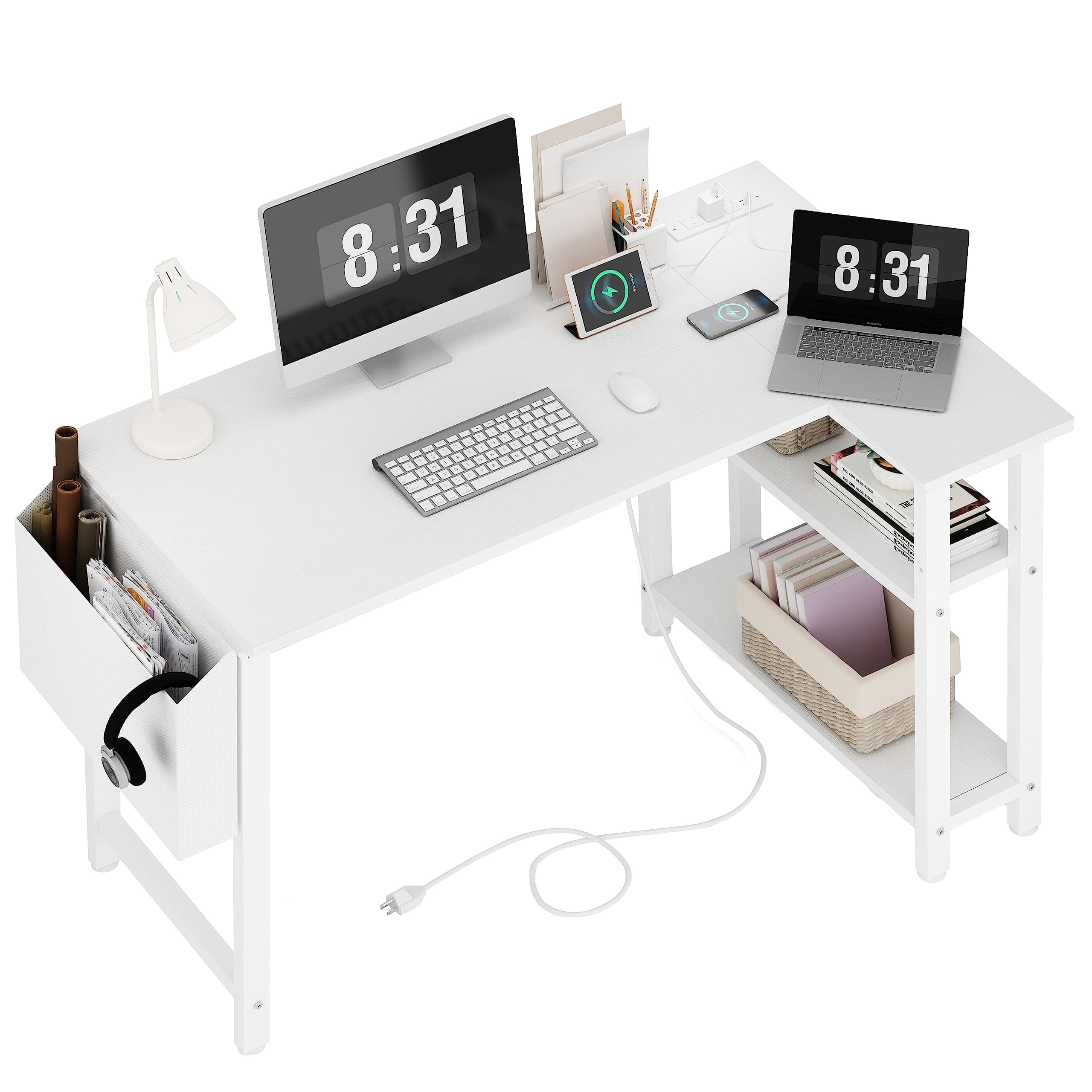 White L Shaped Computer Desk with Power Outlet Shelves, 40 Inch Small Corner Desk for Small Space Home Office, L-Shaped Desk PC Desks, White