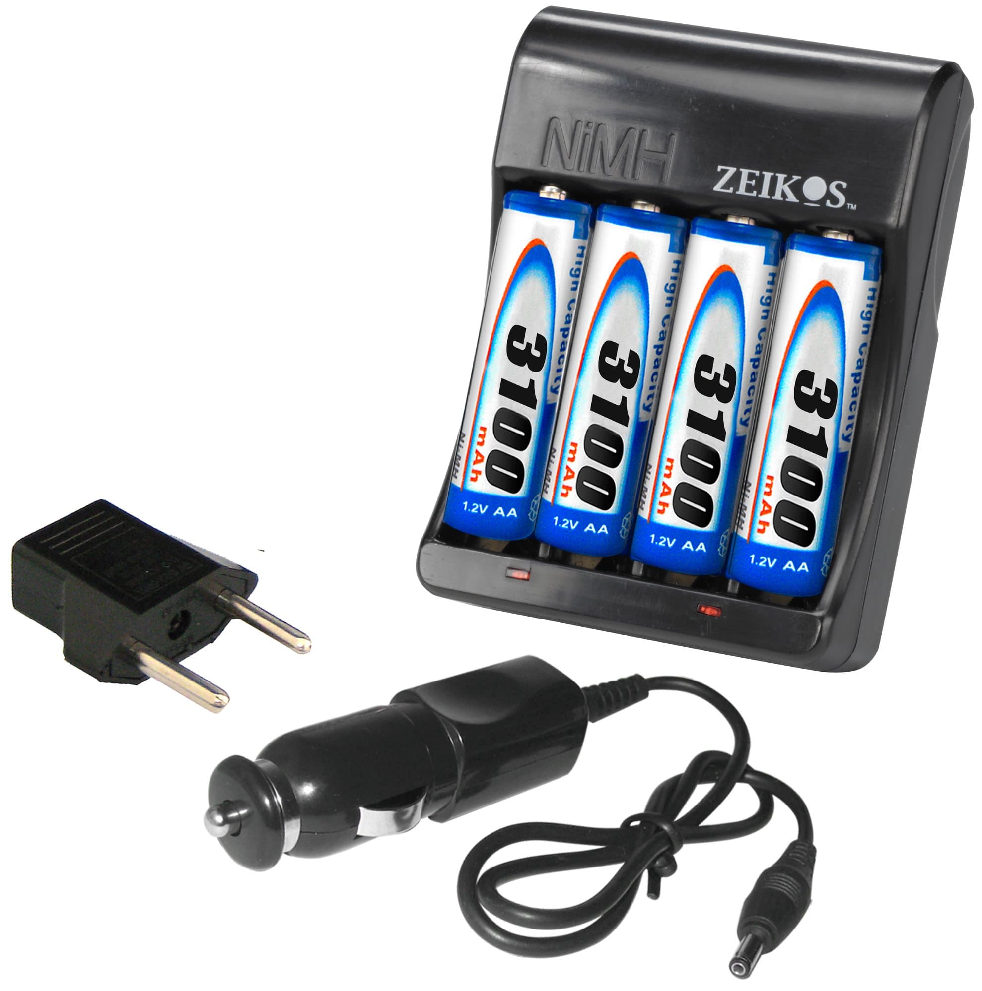 Zeikos ZE-QC4000 Rapid AA/AAA Battery Charger AC/DC with Four 3100mAh AA Batteries