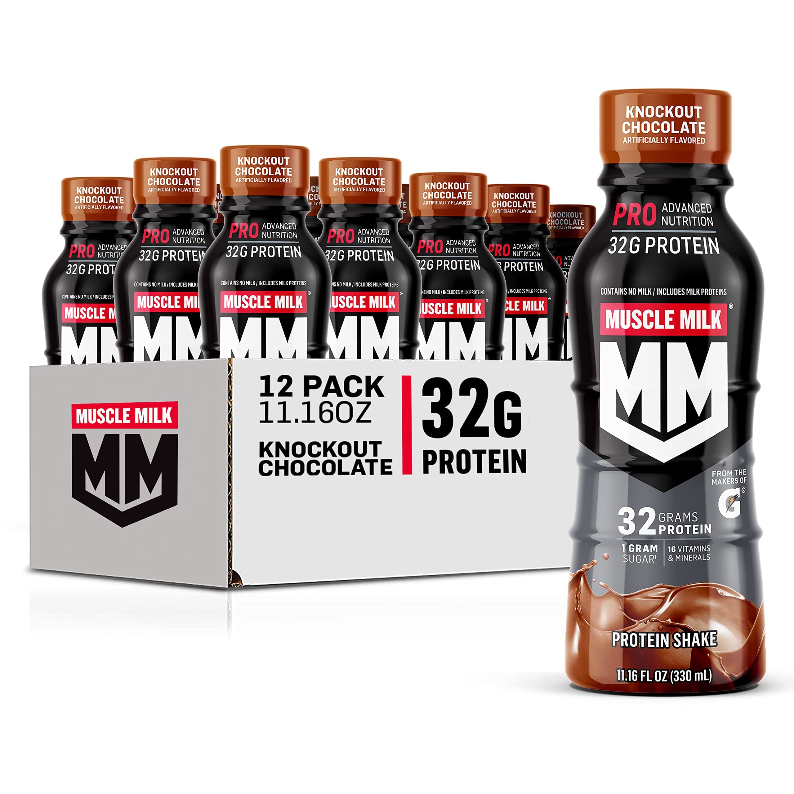 Muscle Milk Pro Advanced Nutrition Protein Shake, Knockout Chocolate, 11.16 Fl Oz (Pack of 12), 32g Protein, 1g Sugar, 16 Vitamins & Minerals, 5g Fiber, Workout Recovery, Energizing Snack, Packaging