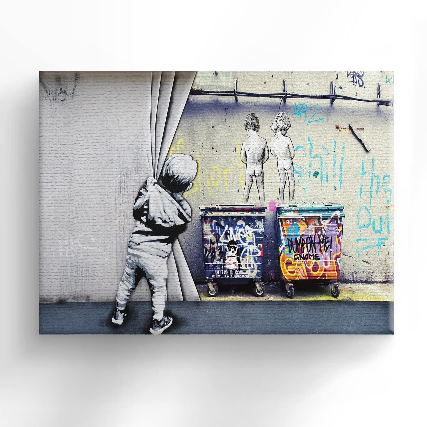 Graffiti Wall Art Pop Art Wall Decor Gray Funny Kid Openning the Curtain Street Art Canvas Wall Art Modern Creative Wall Decor Canvas Prints Art Prints Prints and Poster for Kids Room Decor 16"x12"