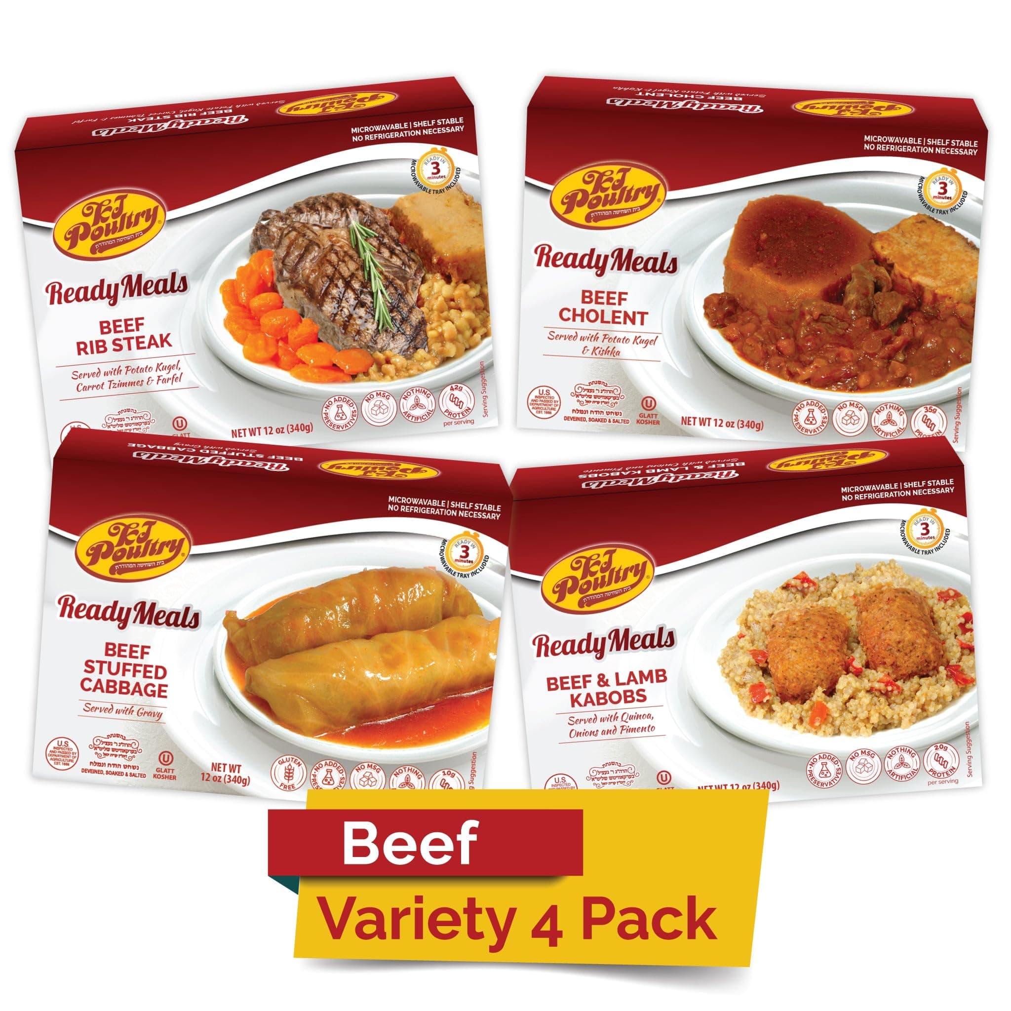 KJ Poultry Kosher Ready Meals - Beef Variety (4 Pack) Prepared Entree Fully Cooked, Shelf Stable Microwave Dinner Travel, Military, Camping, Emergency Survival Protein Food Supply Kit