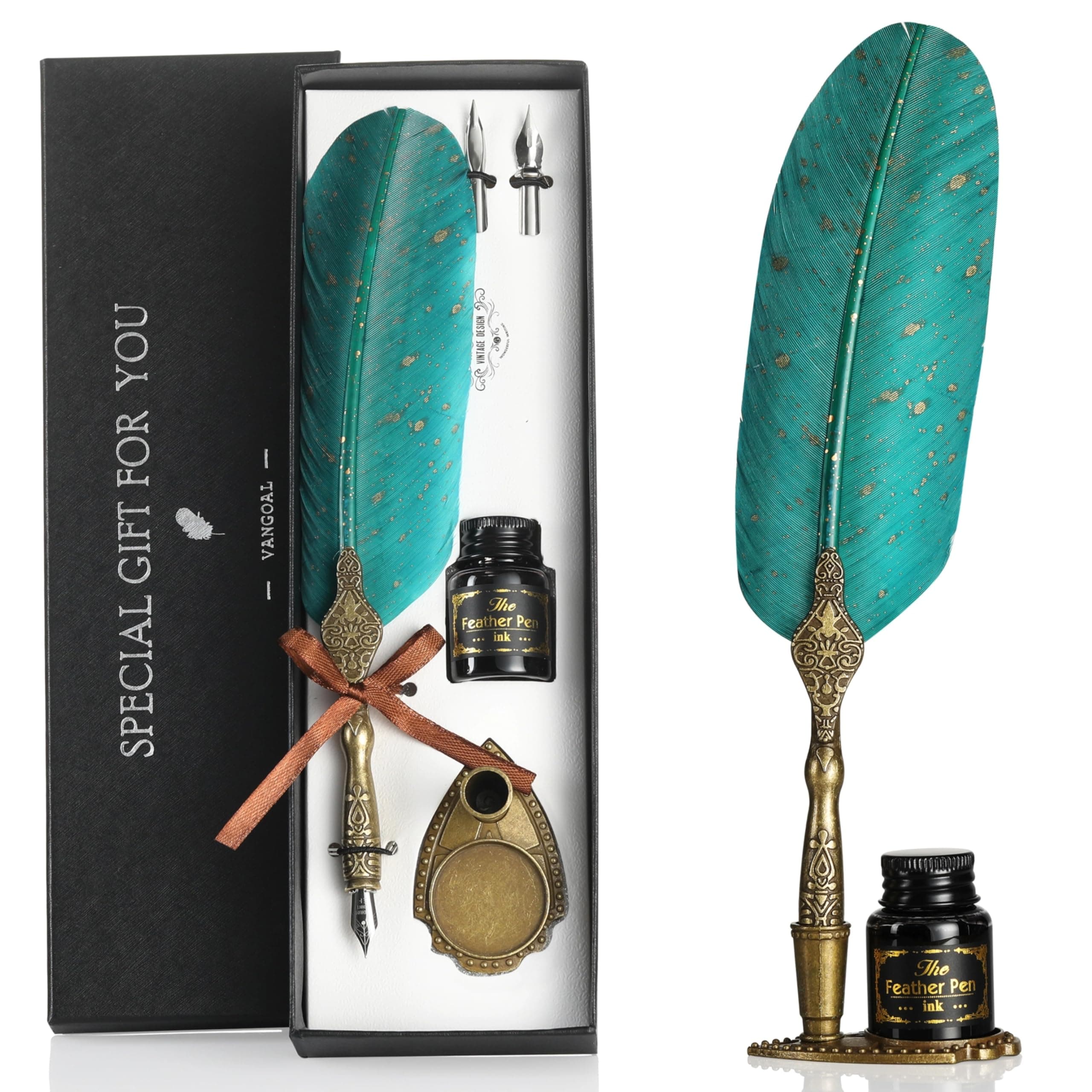 VANGOAL Feather Pen and Ink Set, Glittering Quill Pen Set Antique Calligraphy Dip Pen with Ink, 2 Replacement Nibs, Pen Stand Base, Luxury Vintage Signature Pen (Green)