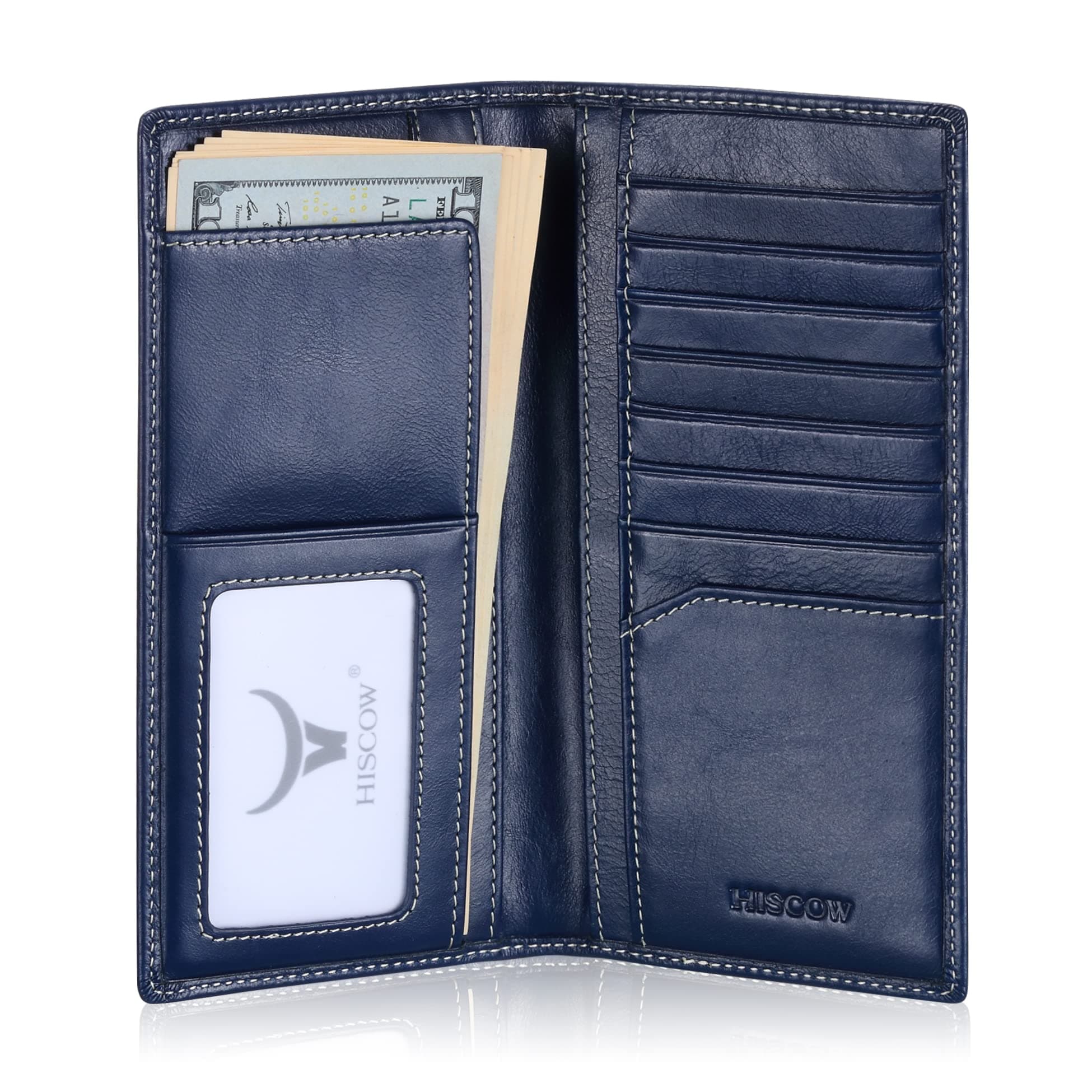 HISCOWSlim Leather Long Wallet for Men, Breast Pocket Wallet for Checkbook, Credit Cards (Antiqued Blue)