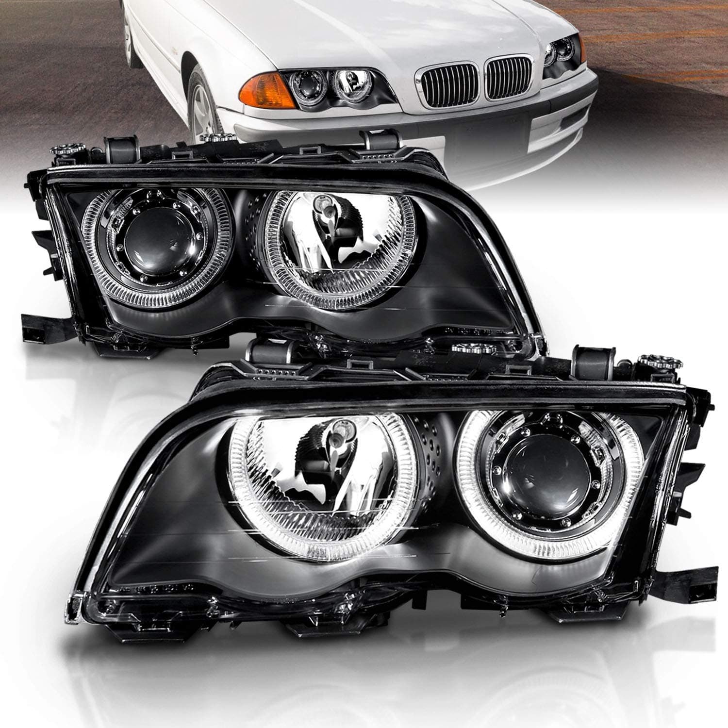 Projector Headlights Halo Black for BMW 3 Series E46 4 Door - Passenger and Driver Side